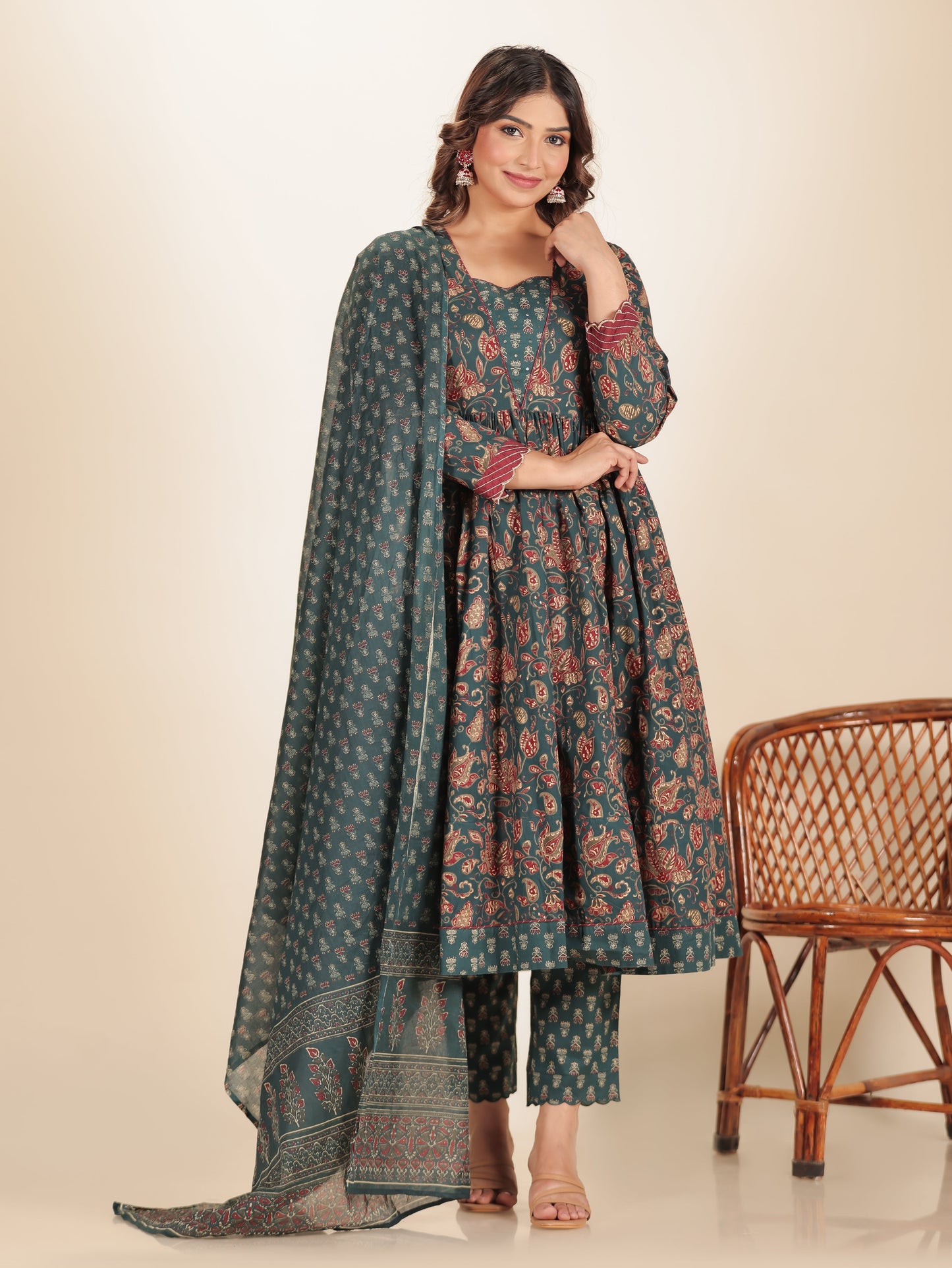 Embroidered Soft Cotton Floral Anarkali Emerald Green Kurta