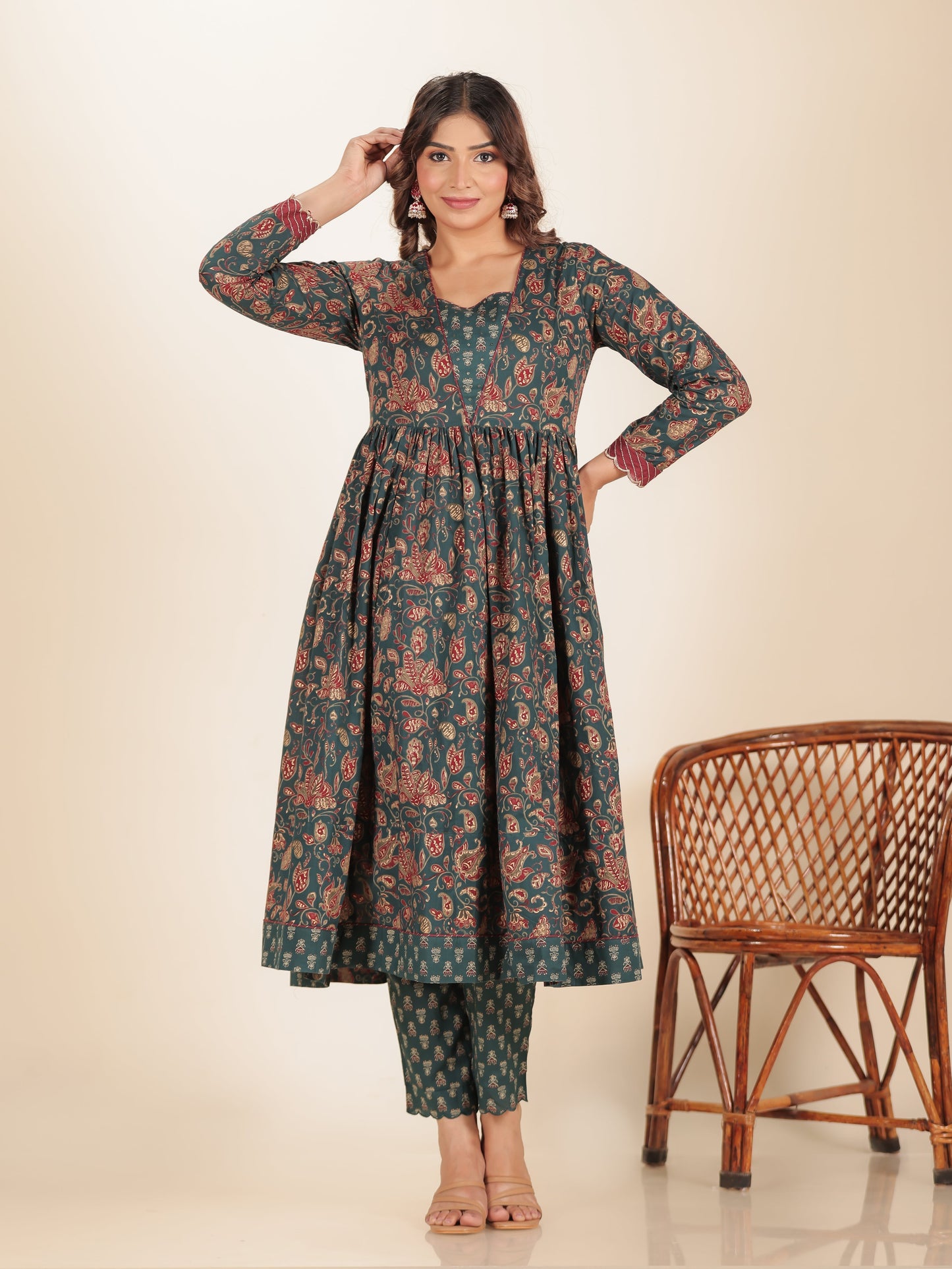 Embroidered Soft Cotton Floral Anarkali Emerald Green Kurta