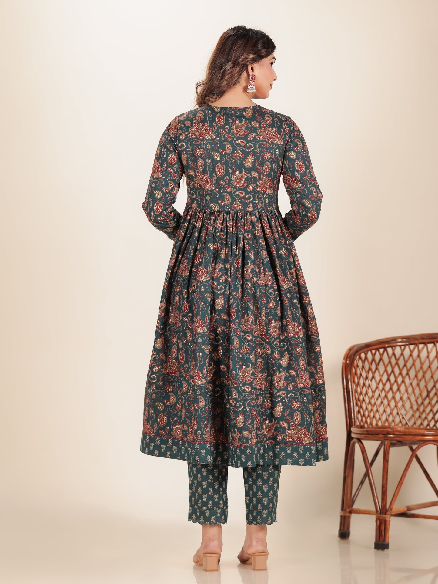 Embroidered Soft Cotton Floral Anarkali Emerald Green Kurta