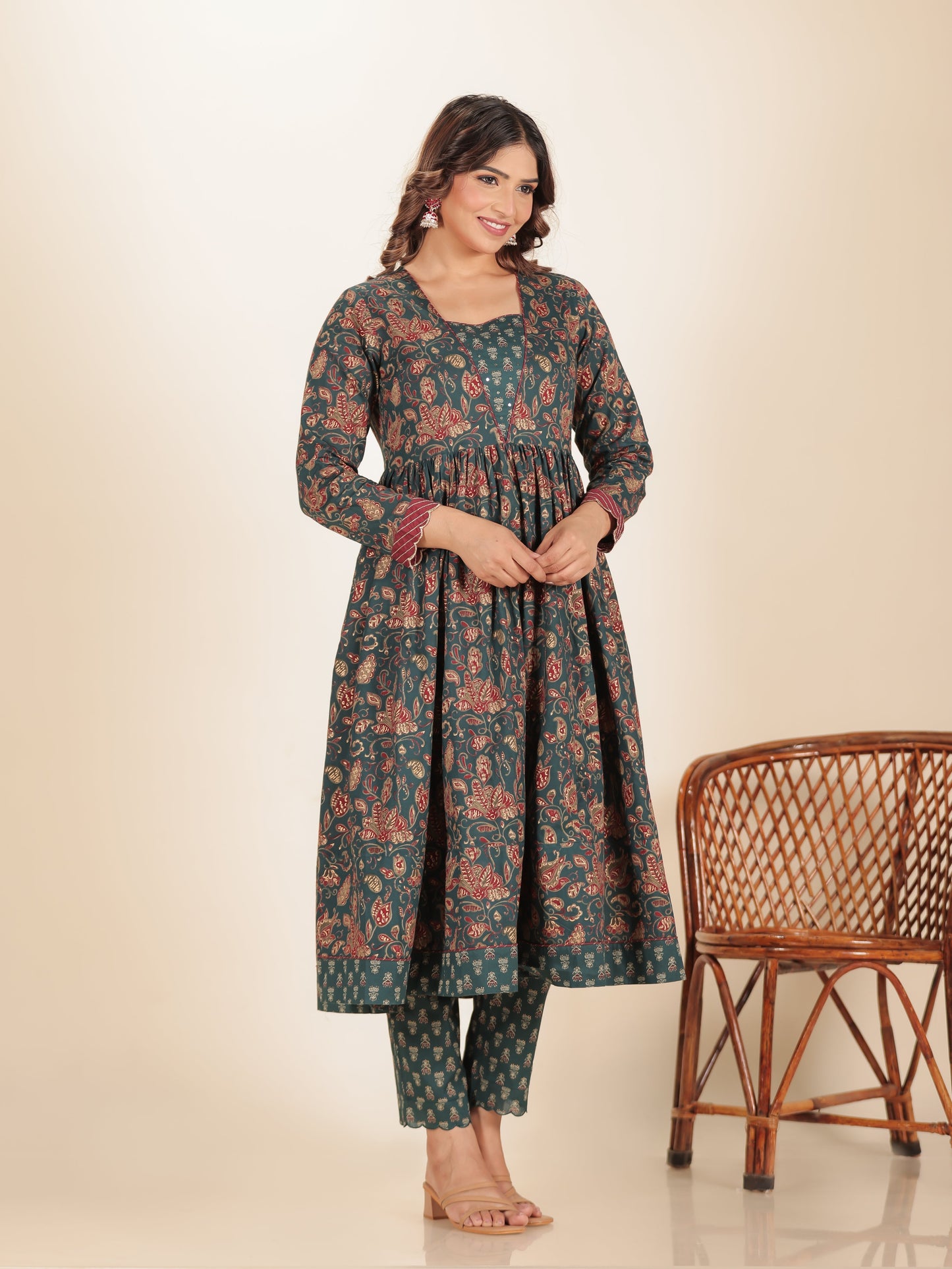 Embroidered Soft Cotton Floral Anarkali Emerald Green Kurta