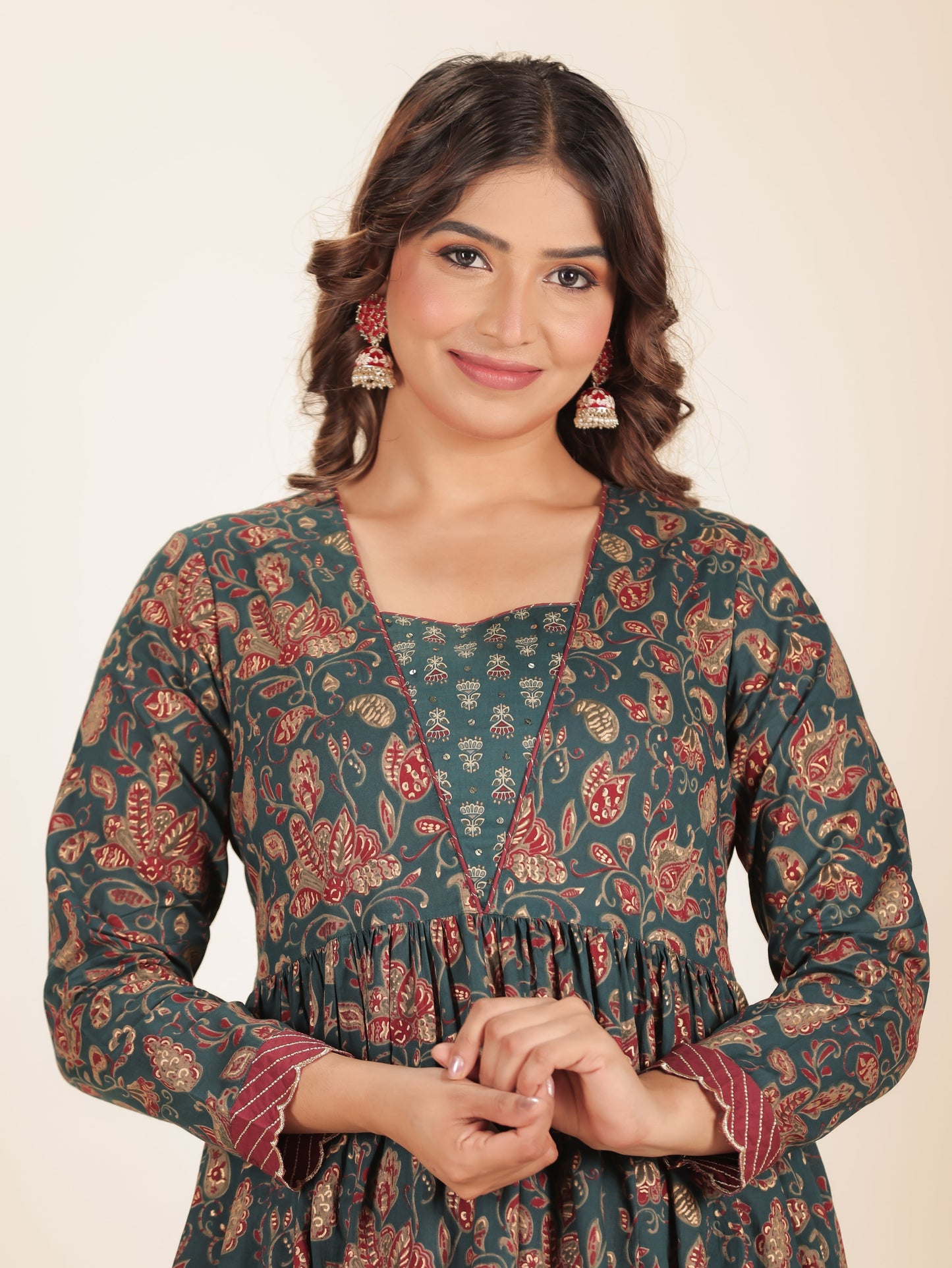 Embroidered Soft Cotton Floral Anarkali Emerald Green Kurta