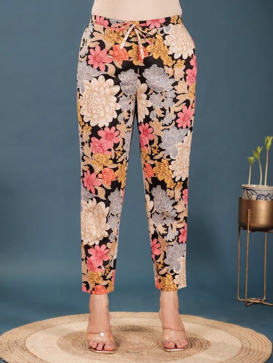 Soft Cotton Floral Black Tapered Trousers