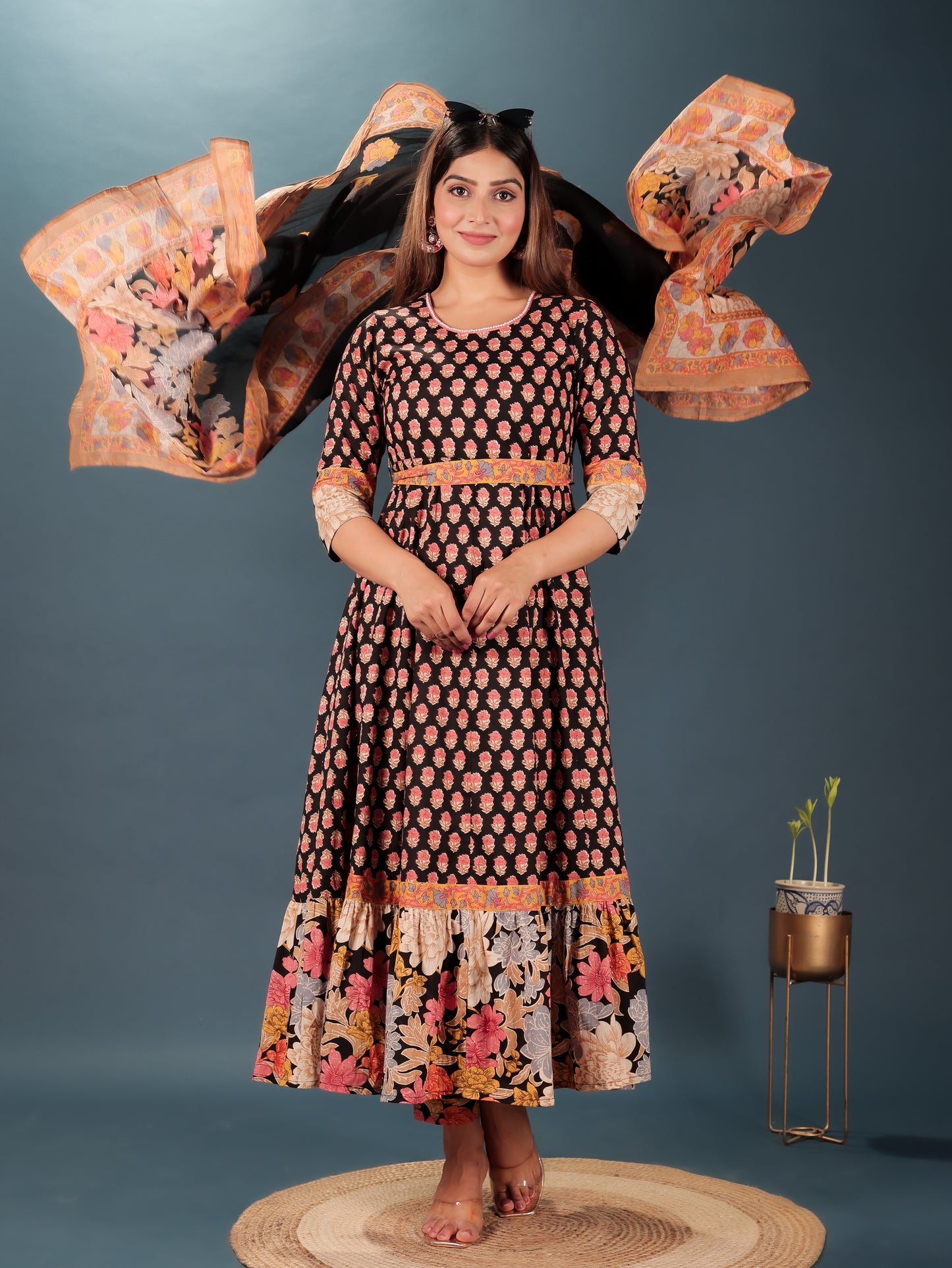 Cotton Voile Block Print Black Dupatta