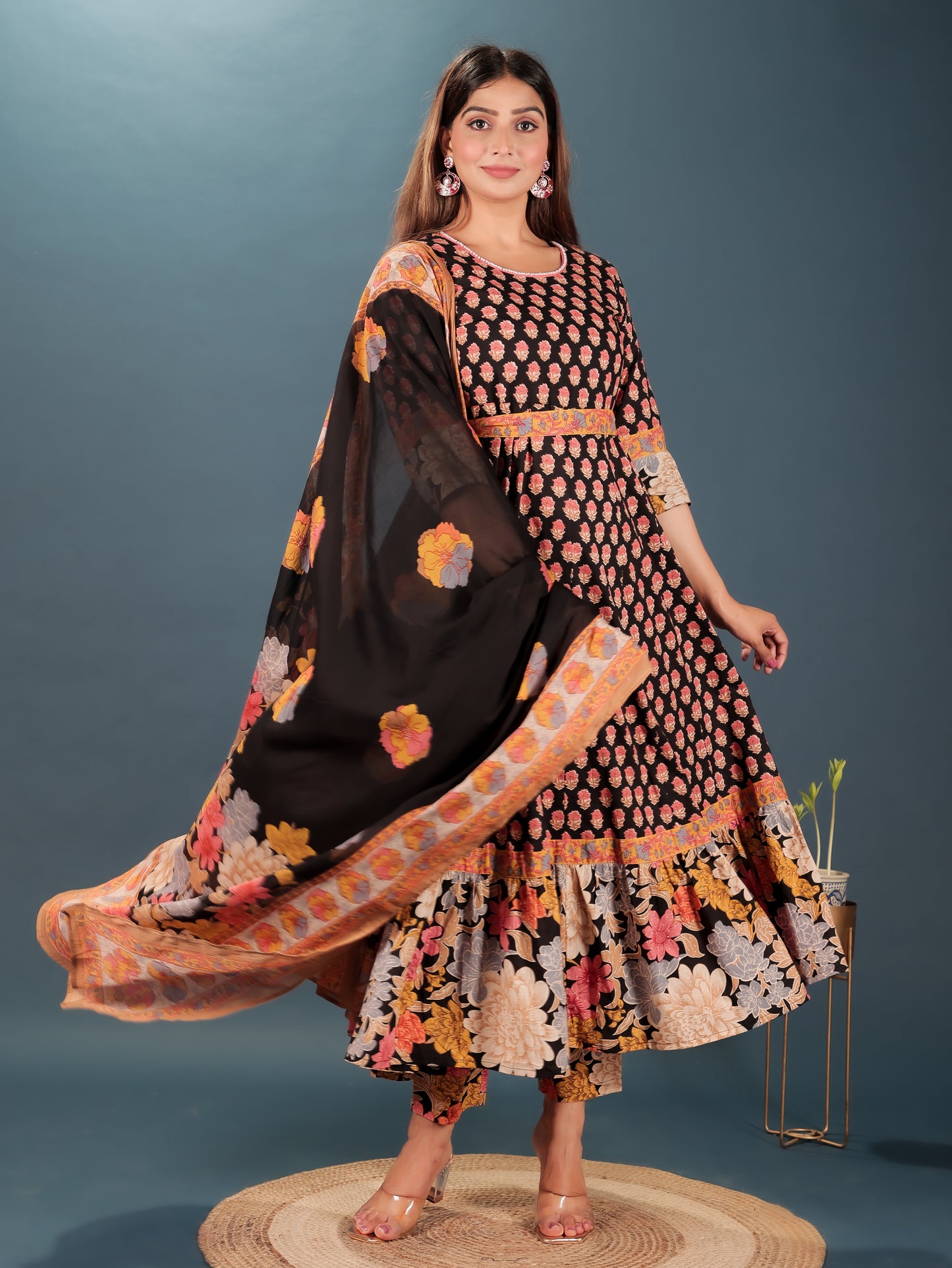Cotton Voile Block Print Black Dupatta