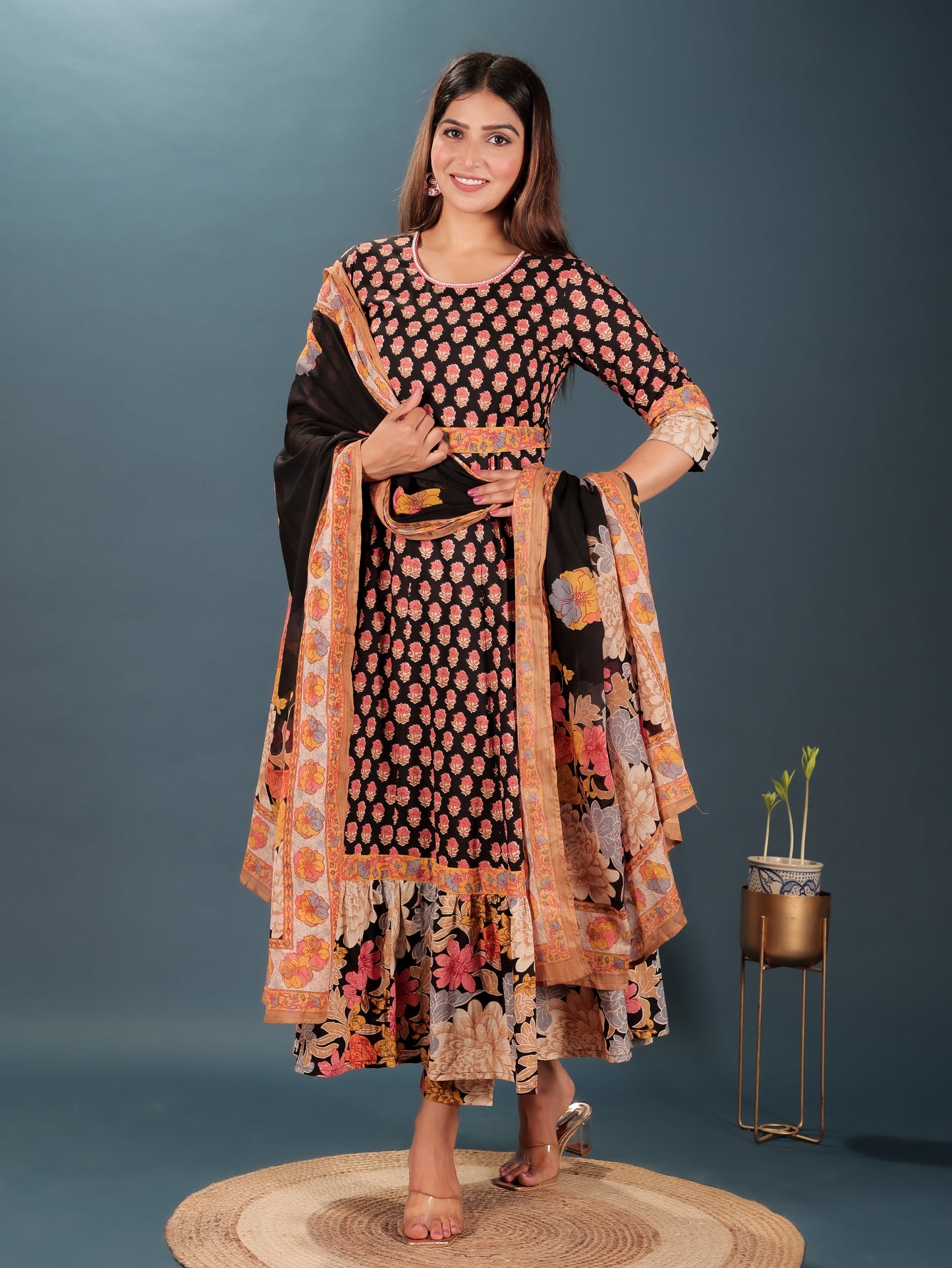 Soft Cotton Block Anarkali Black Kurta