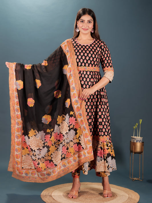 Soft Cotton Block Anarkali Black Kurta