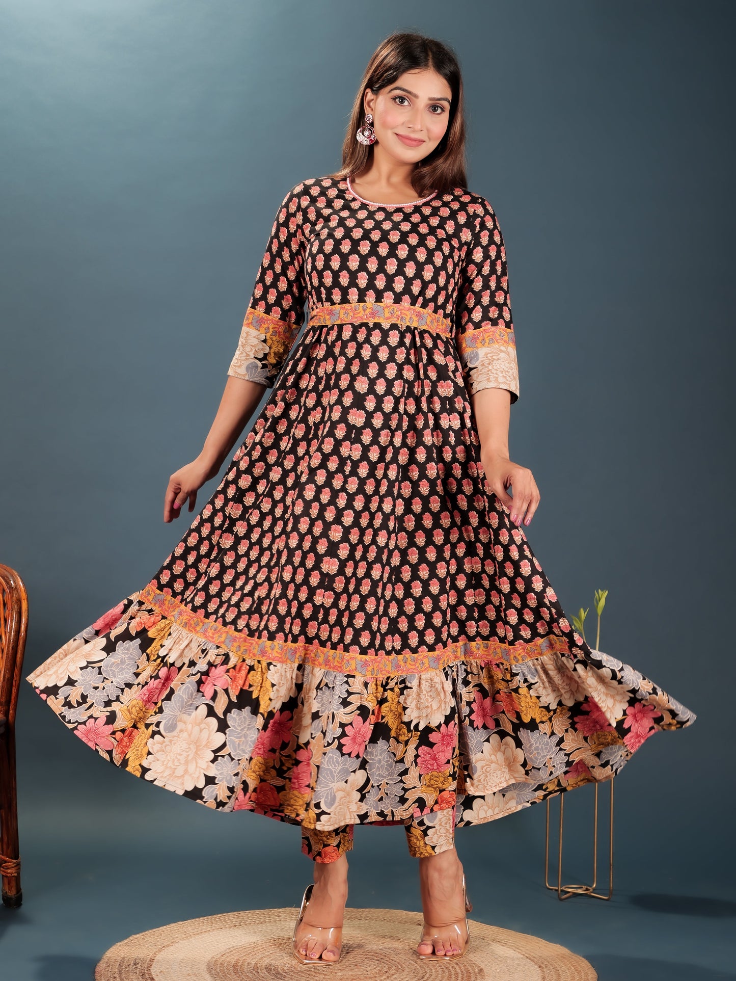 Soft Cotton Block Anarkali Black Kurta