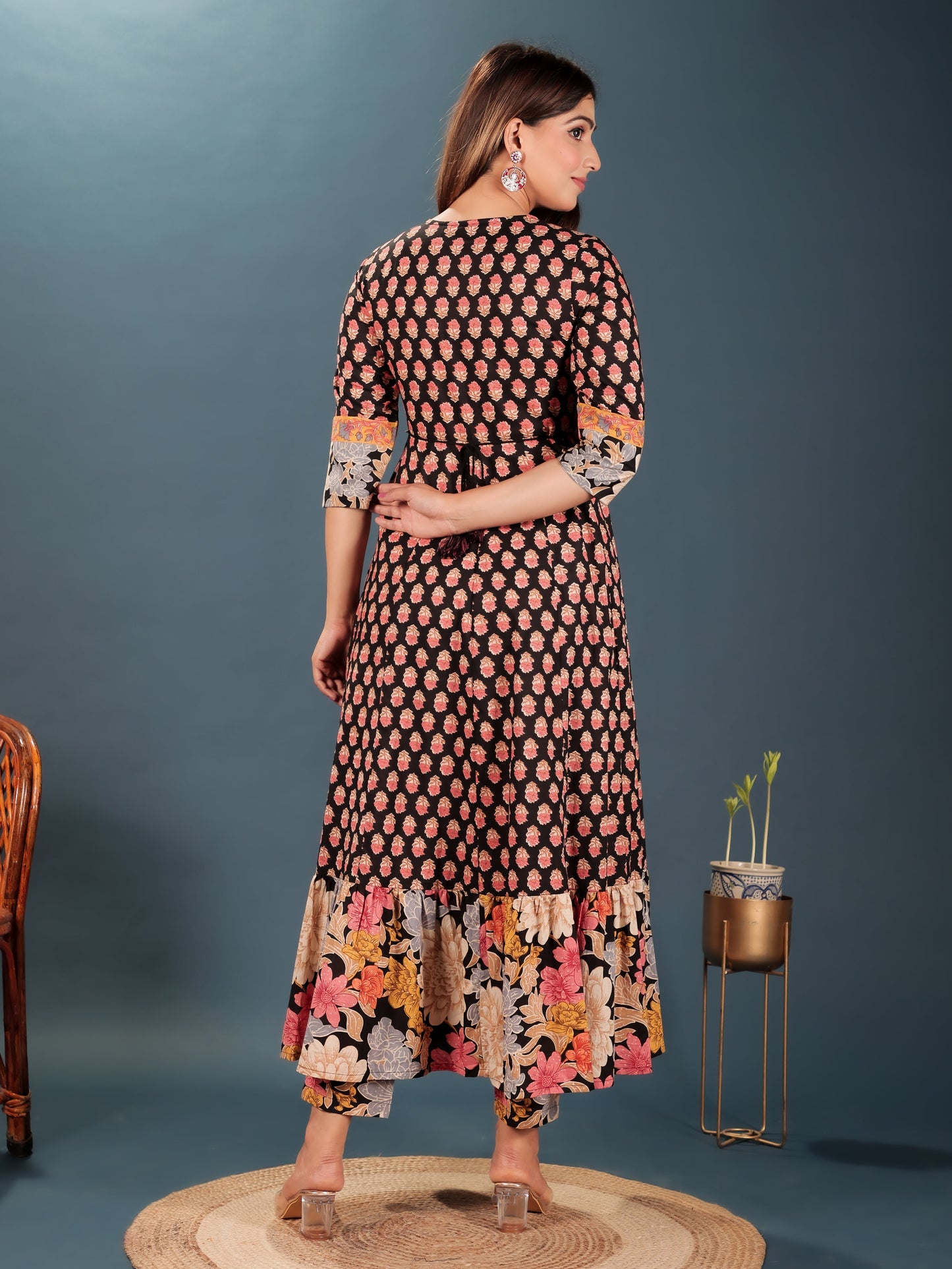 Soft Cotton Block Anarkali Black Kurta