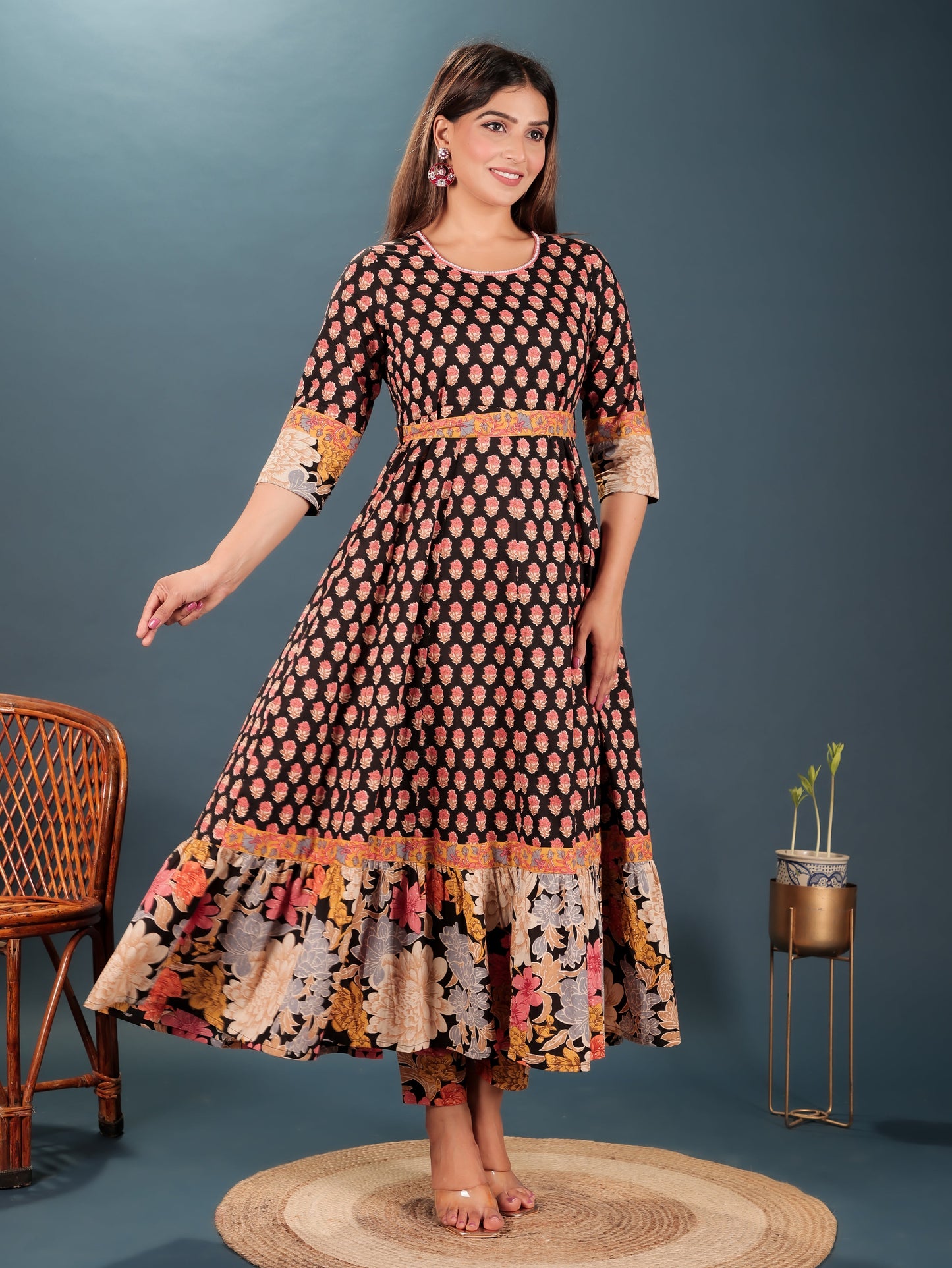 Soft Cotton Block Anarkali Black Kurta
