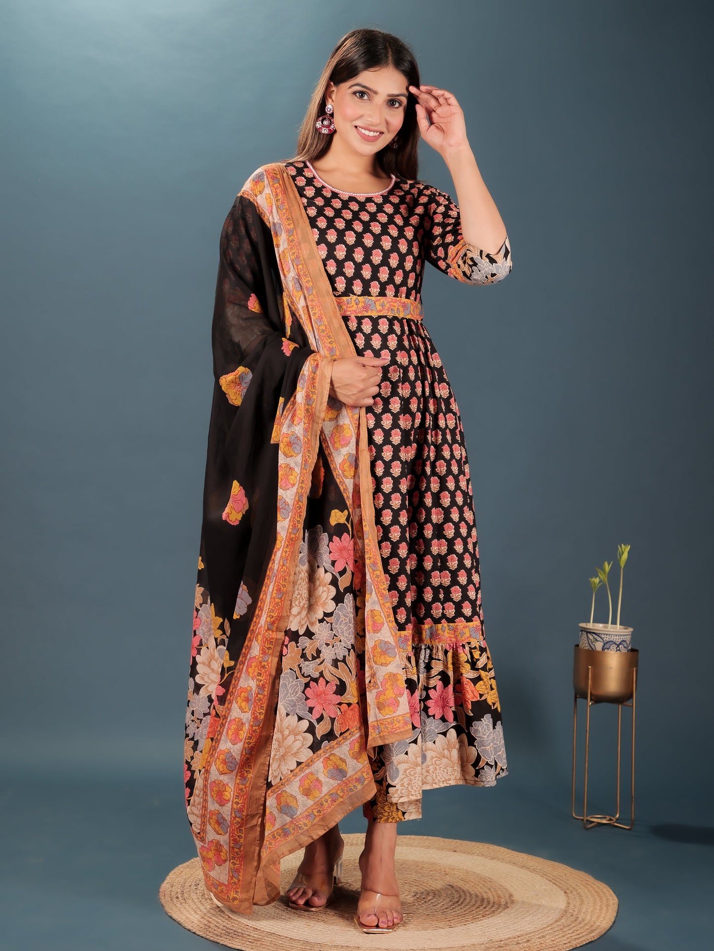 Soft Cotton Block Anarkali Black Kurta