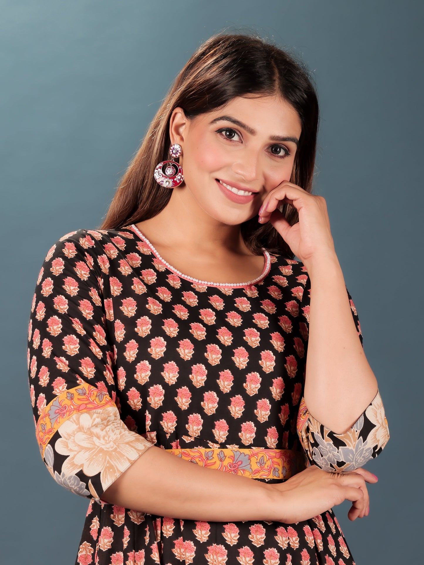 Soft Cotton Block Anarkali Black Kurta