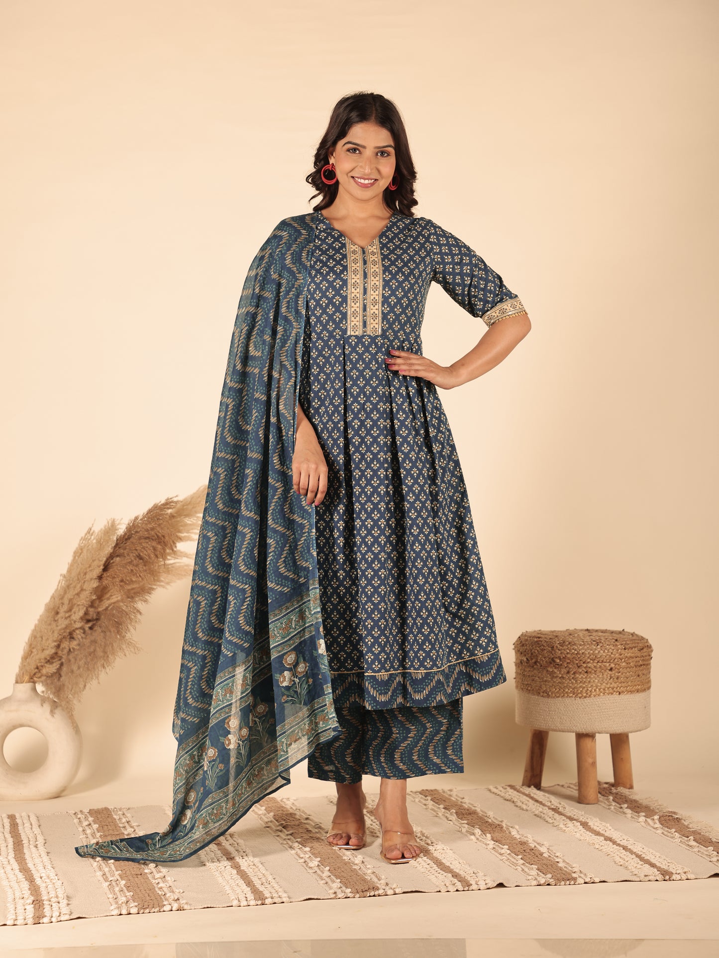Voile Cotton Chevron Blue Dupatta