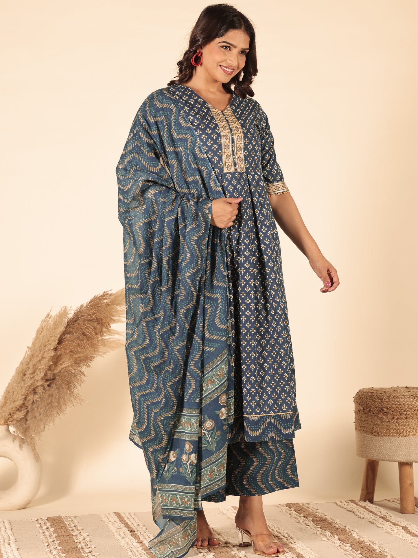 Voile Cotton Chevron Blue Dupatta