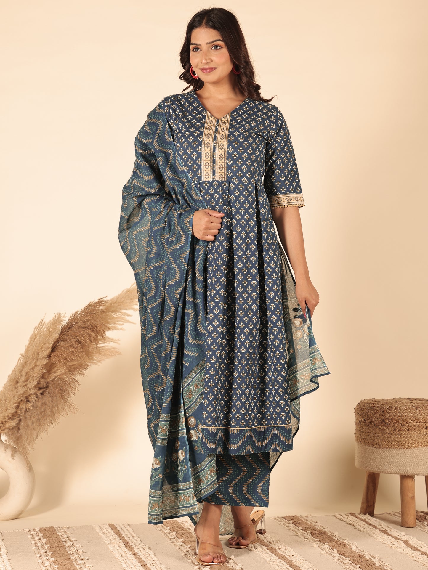 Voile Cotton Chevron Blue Dupatta