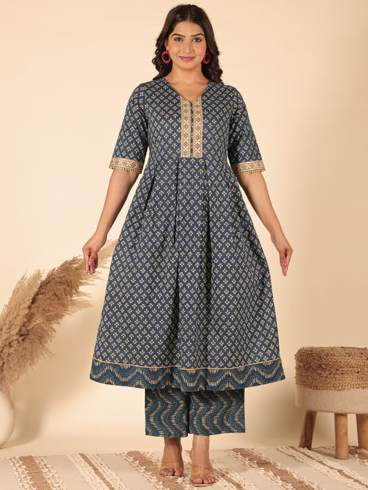 Soft Cotton Geometric A-line Blue Kurta