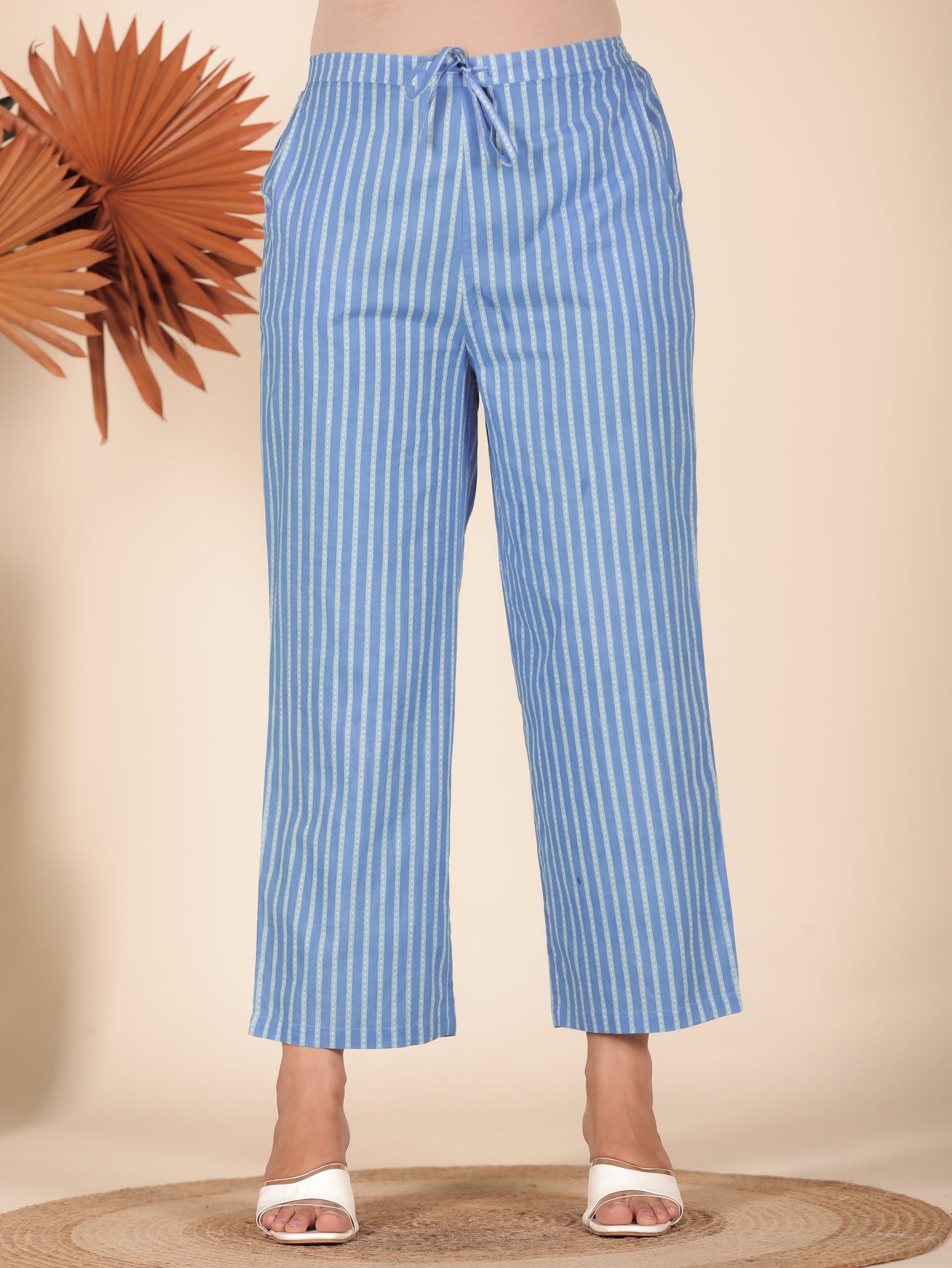 Soft Cotton Striped Blue Straight Trousers