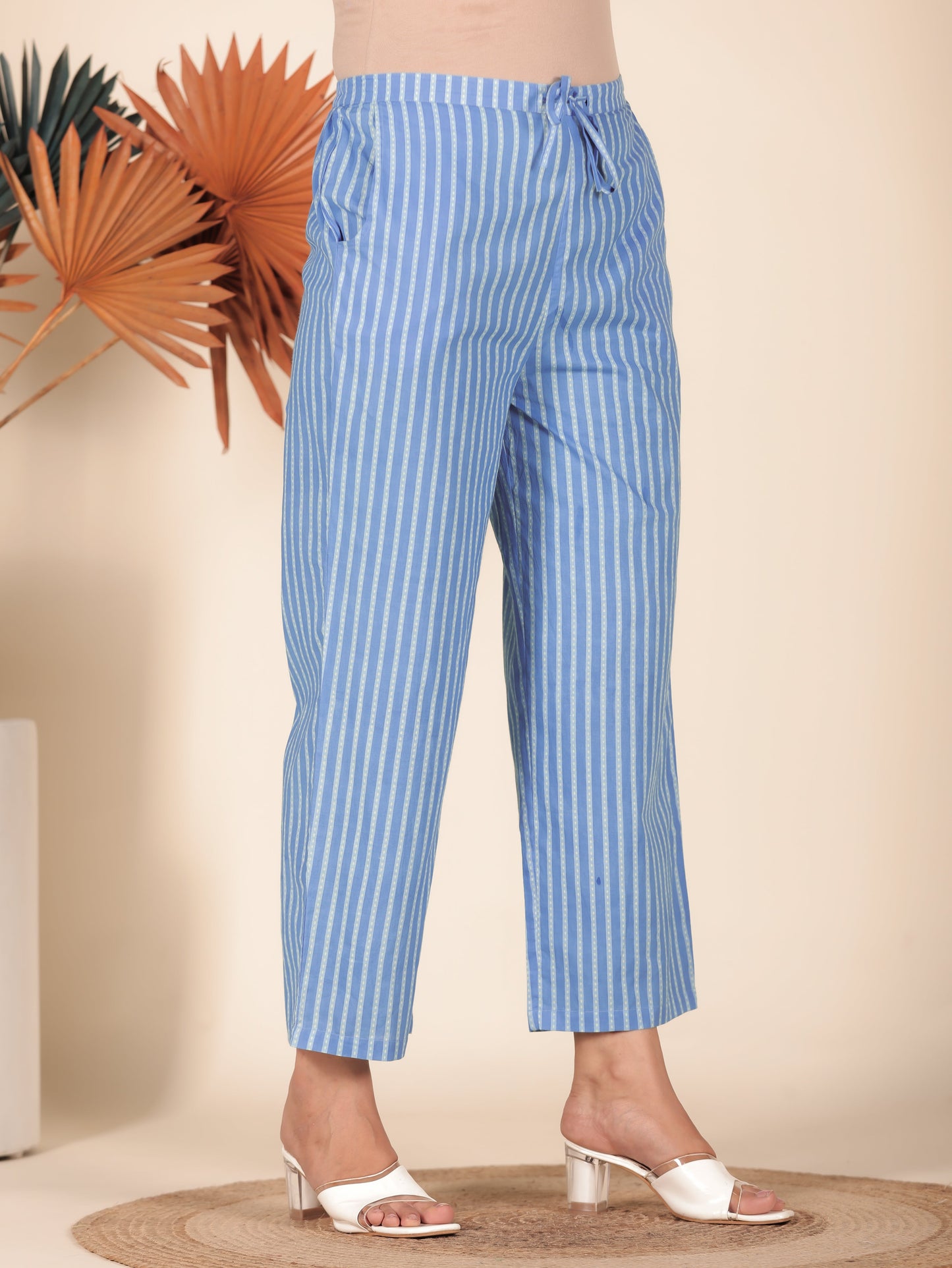 Soft Cotton Striped Blue Straight Trousers
