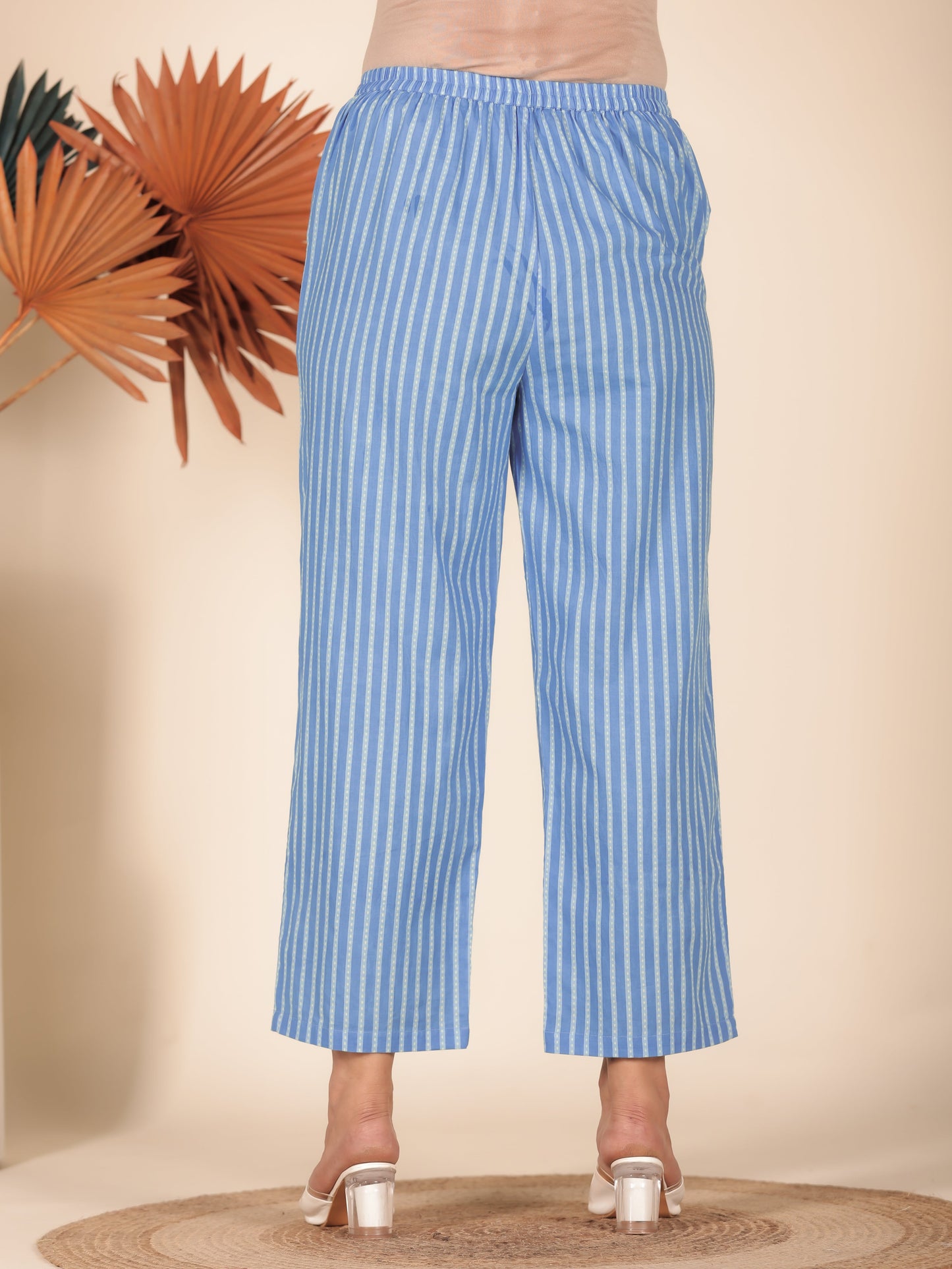 Soft Cotton Striped Blue Straight Trousers