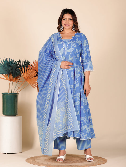 Voile Cotton Striped Blue Dupatta