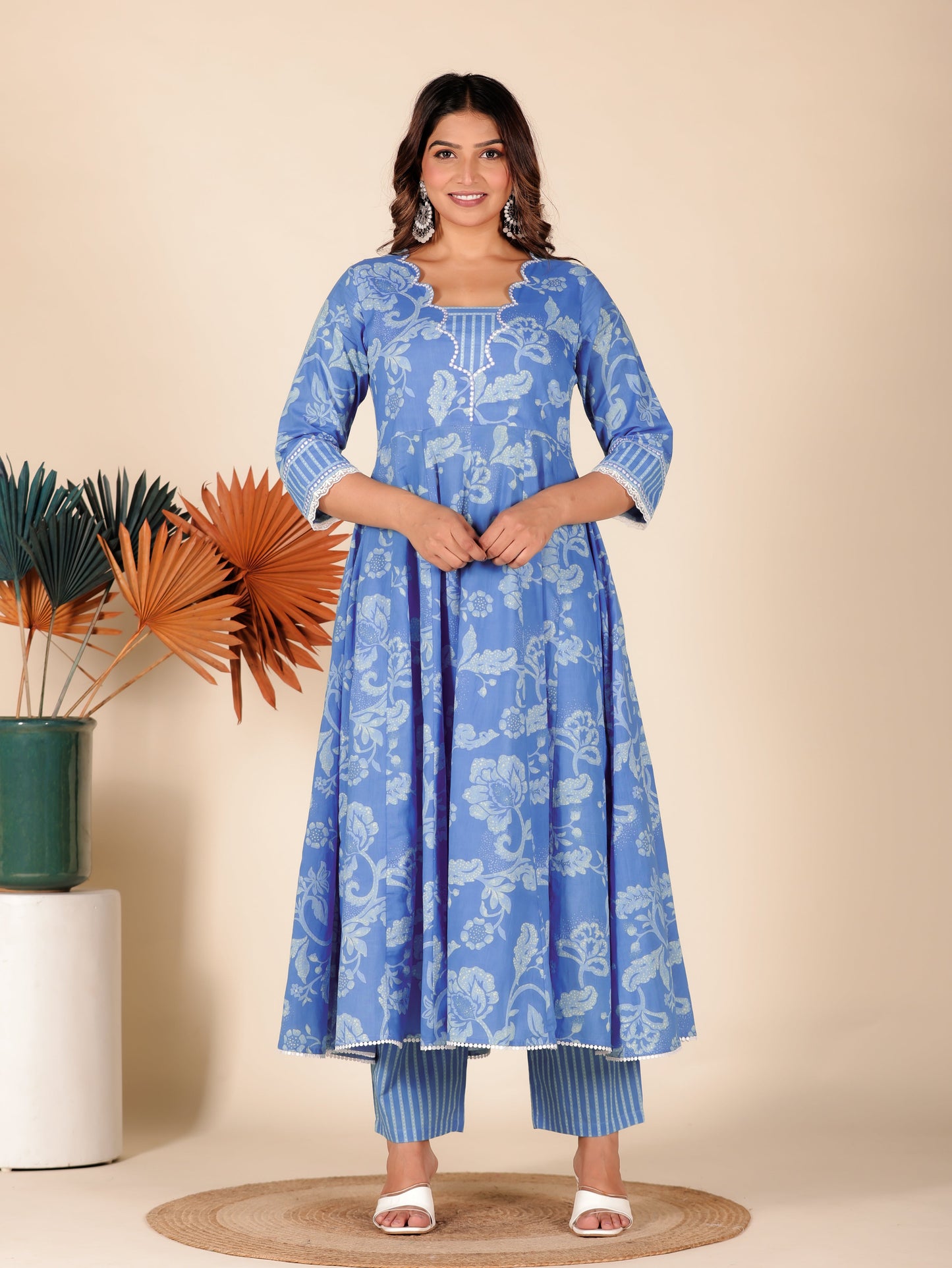 Soft Cotton Floral Flared Blue Kurta
