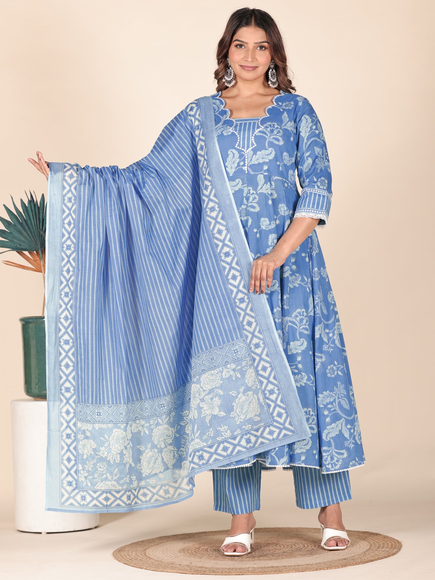 Soft Cotton Floral Flared Blue Kurta