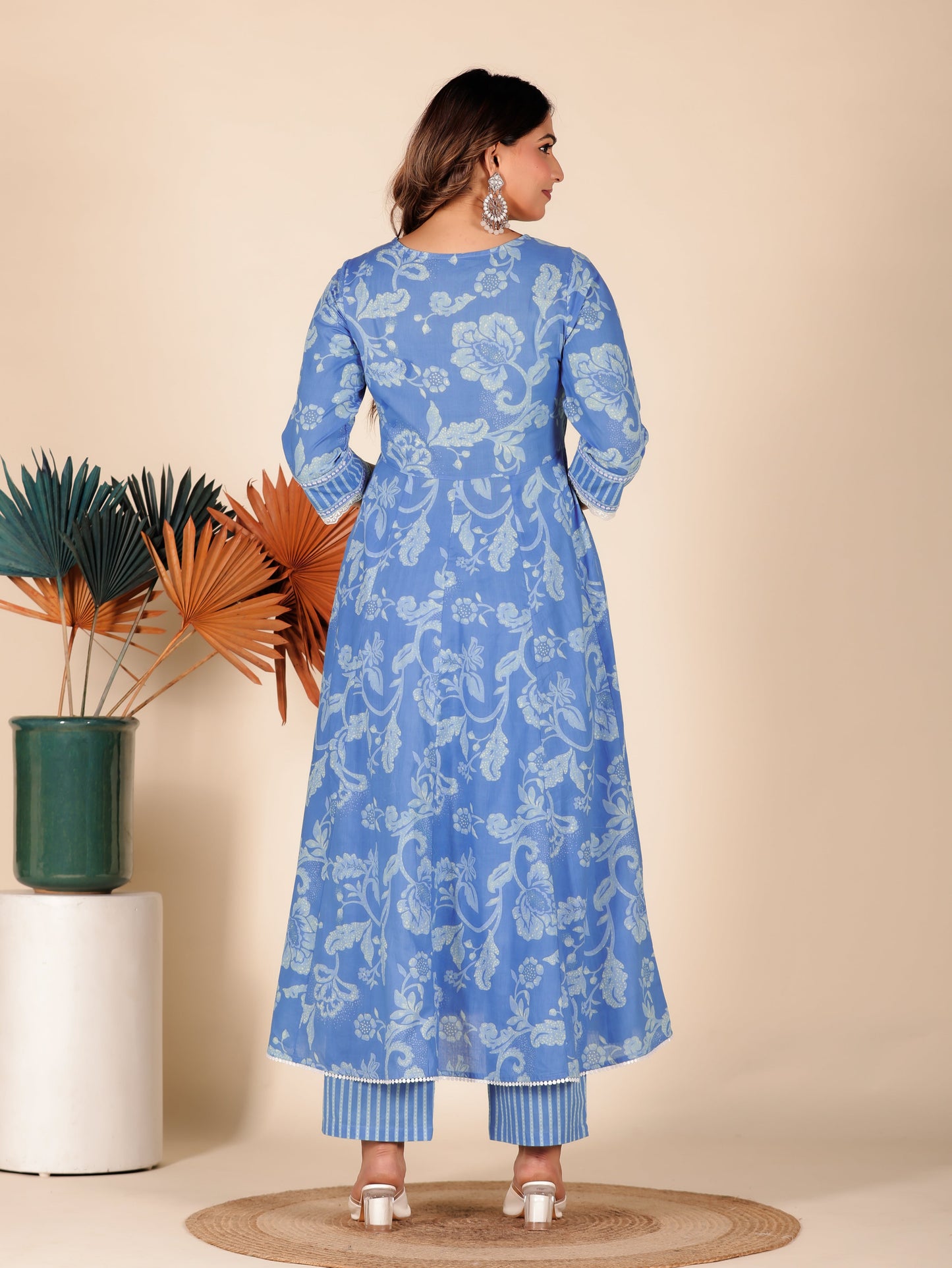 Soft Cotton Floral Flared Blue Kurta