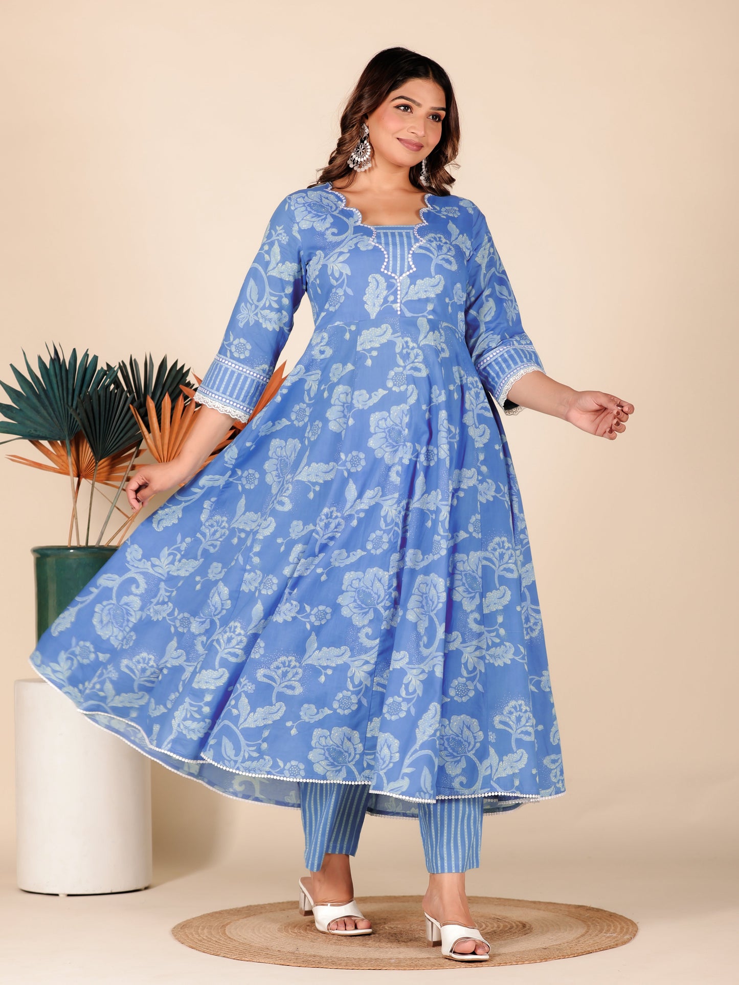Soft Cotton Floral Flared Blue Kurta
