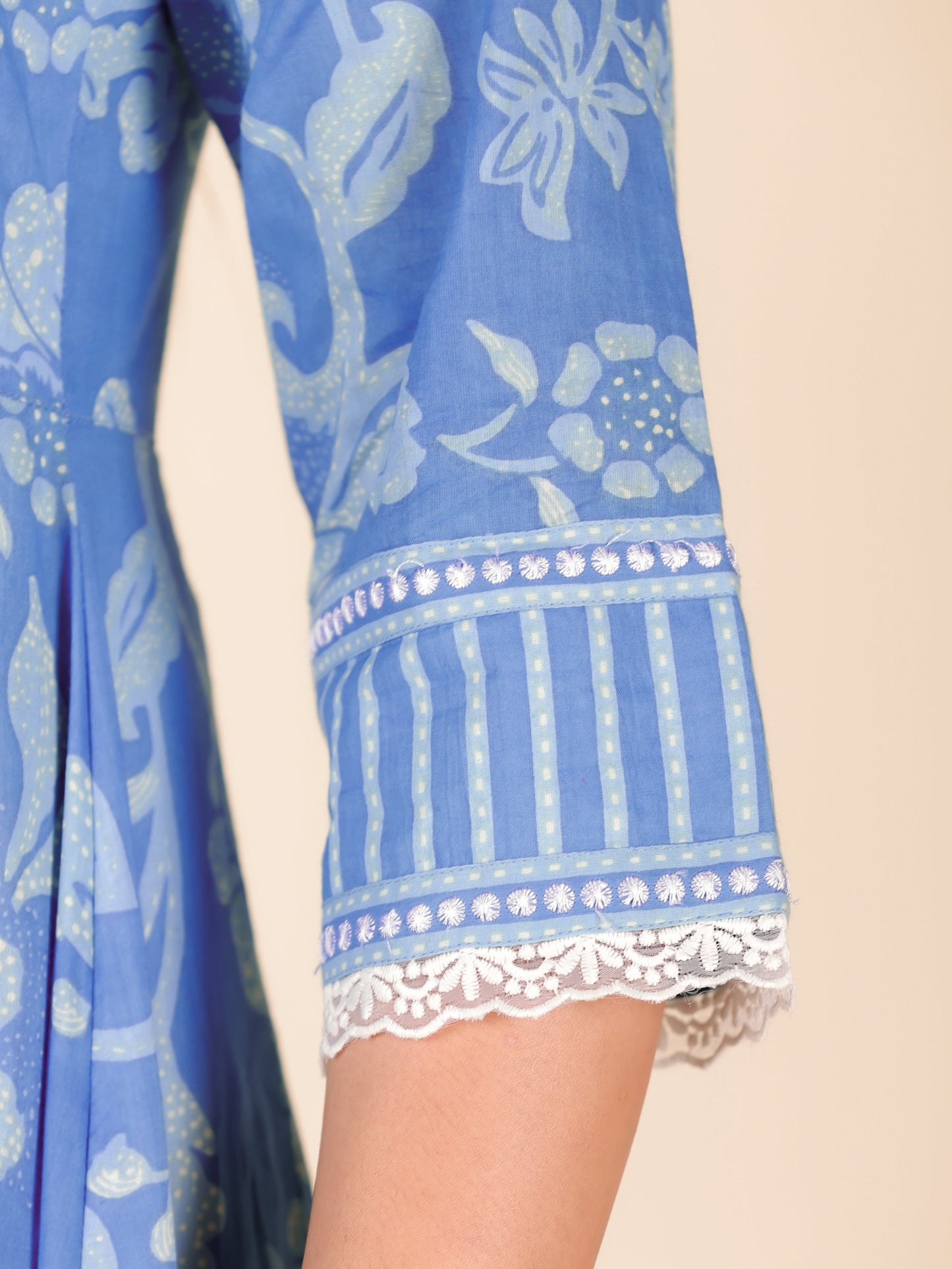Soft Cotton Floral Flared Blue Kurta