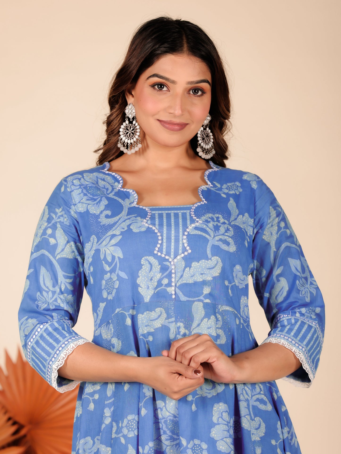 Soft Cotton Floral Flared Blue Kurta