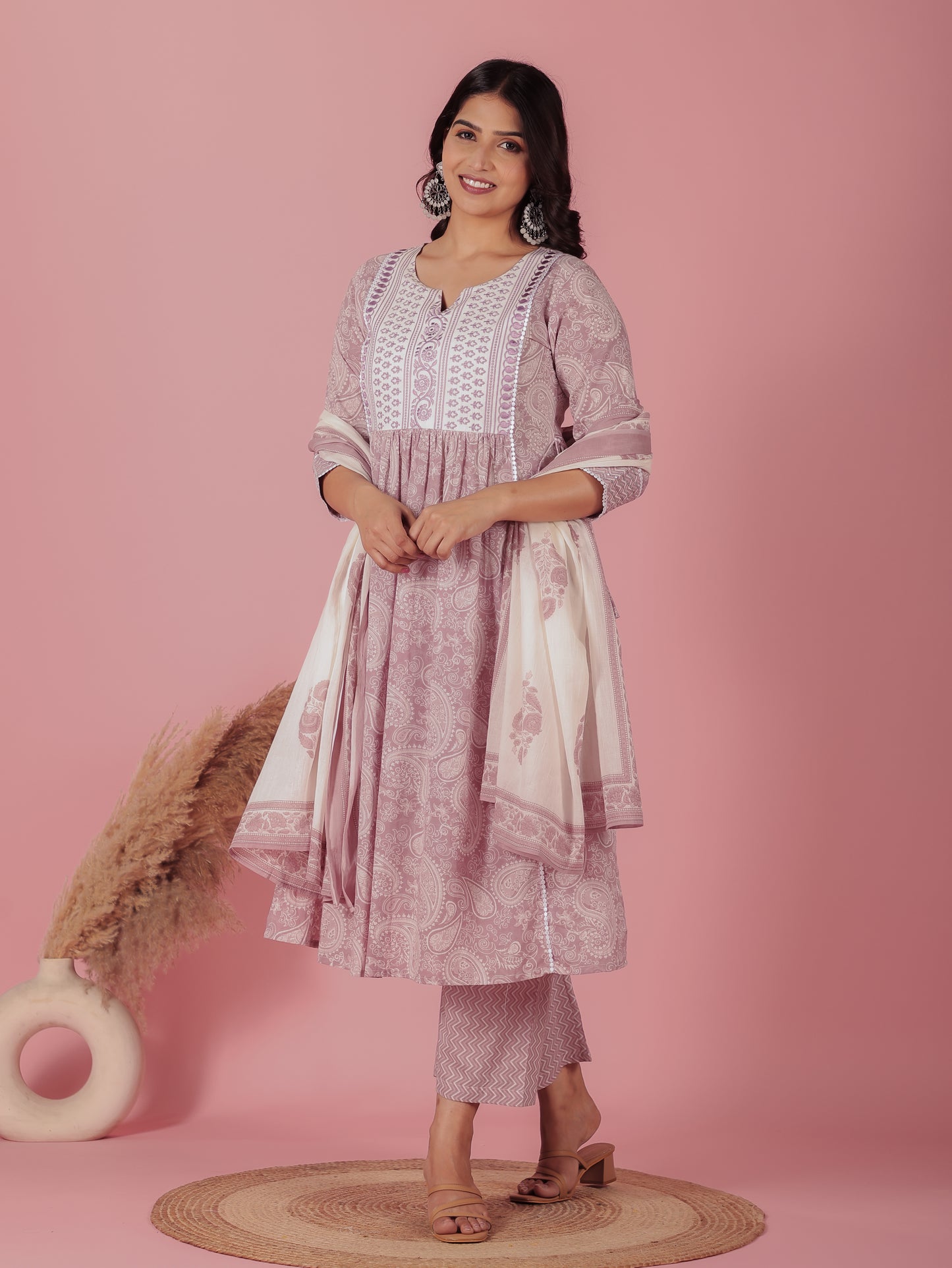 Embroidered Soft Cotton Paisley Flared Mauve Kurta