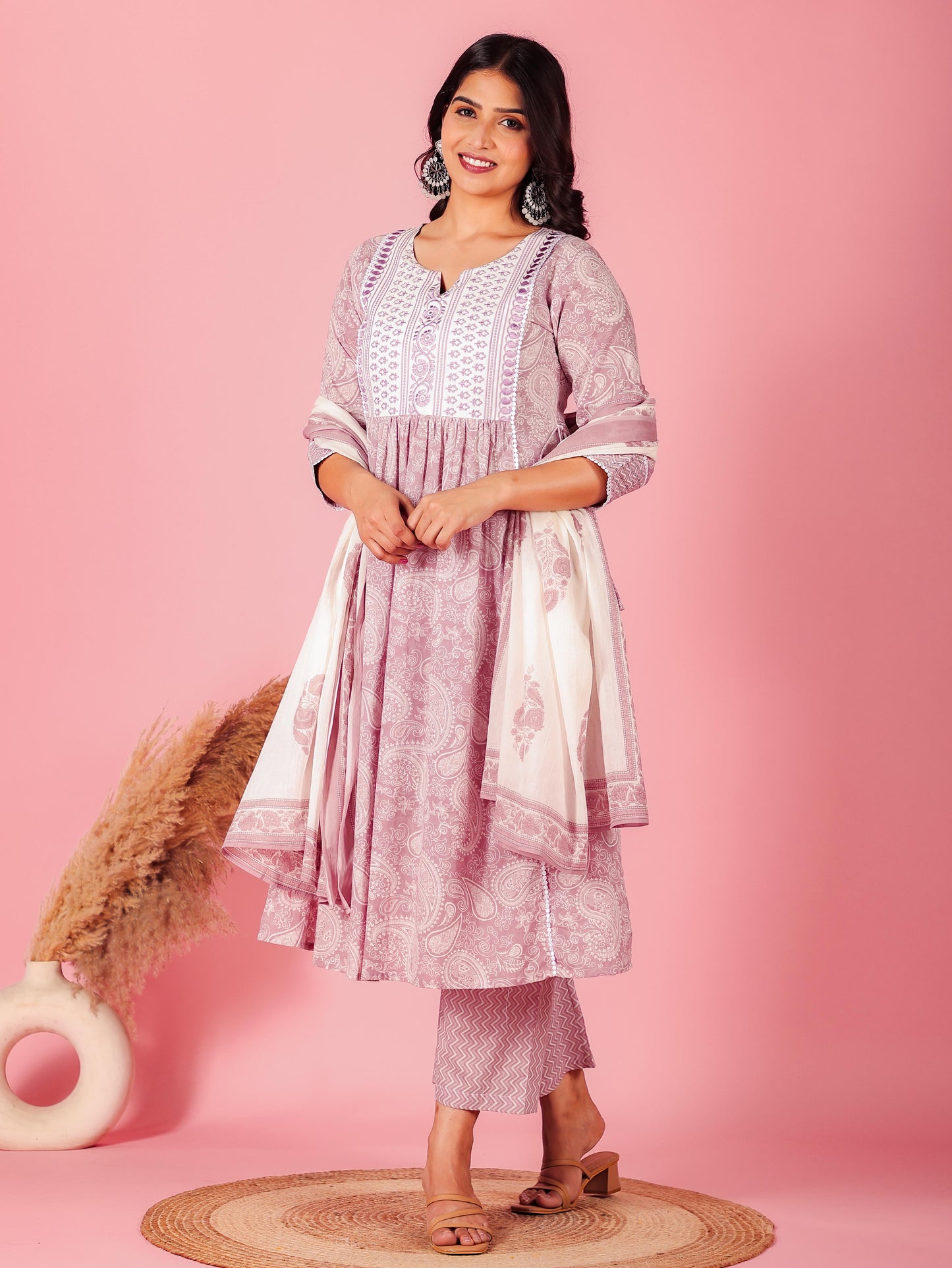 Embroidered Soft Cotton Paisley Flared Mauve Kurta