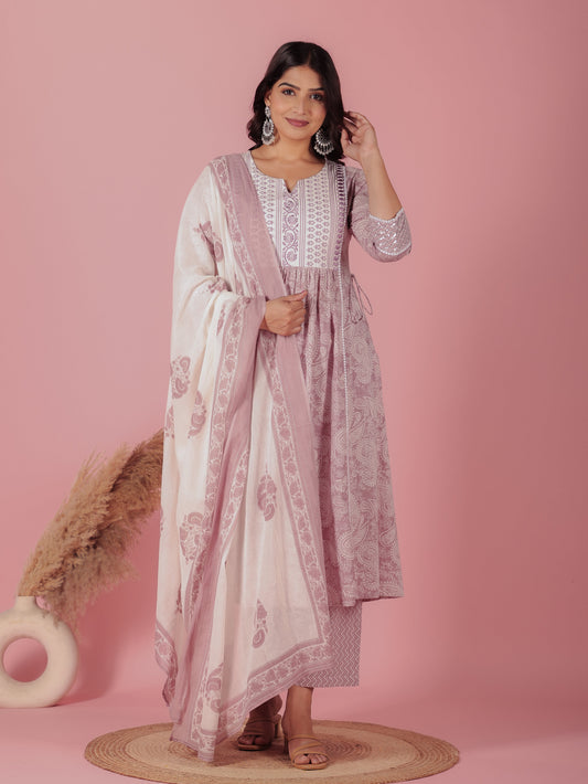Embroidered Soft Cotton Paisley A-line Mauve Kurta