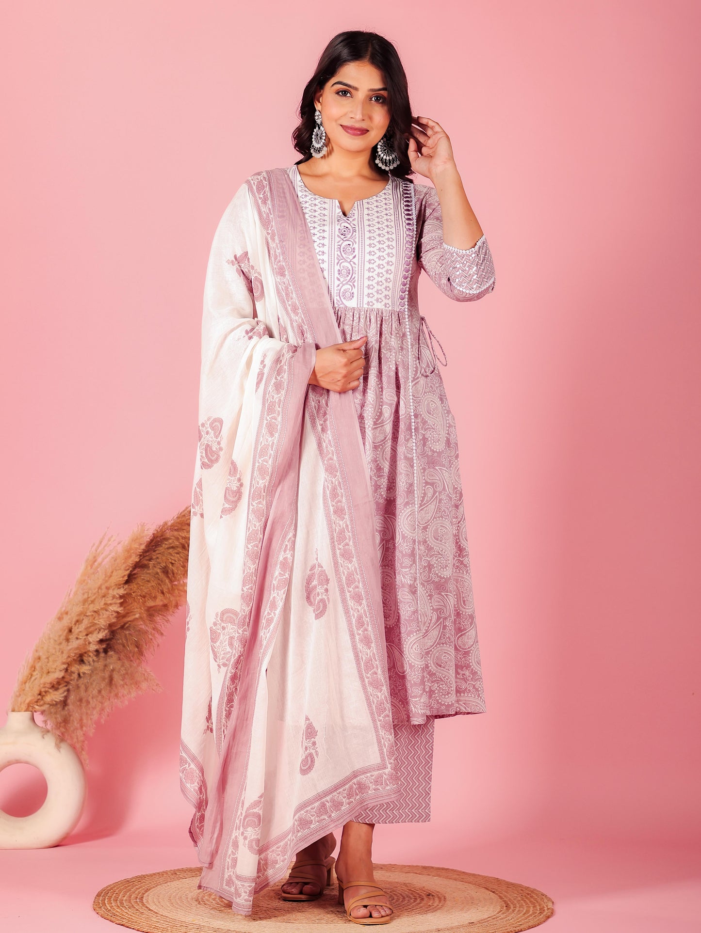 Embroidered Soft Cotton Paisley Flared Mauve Kurta