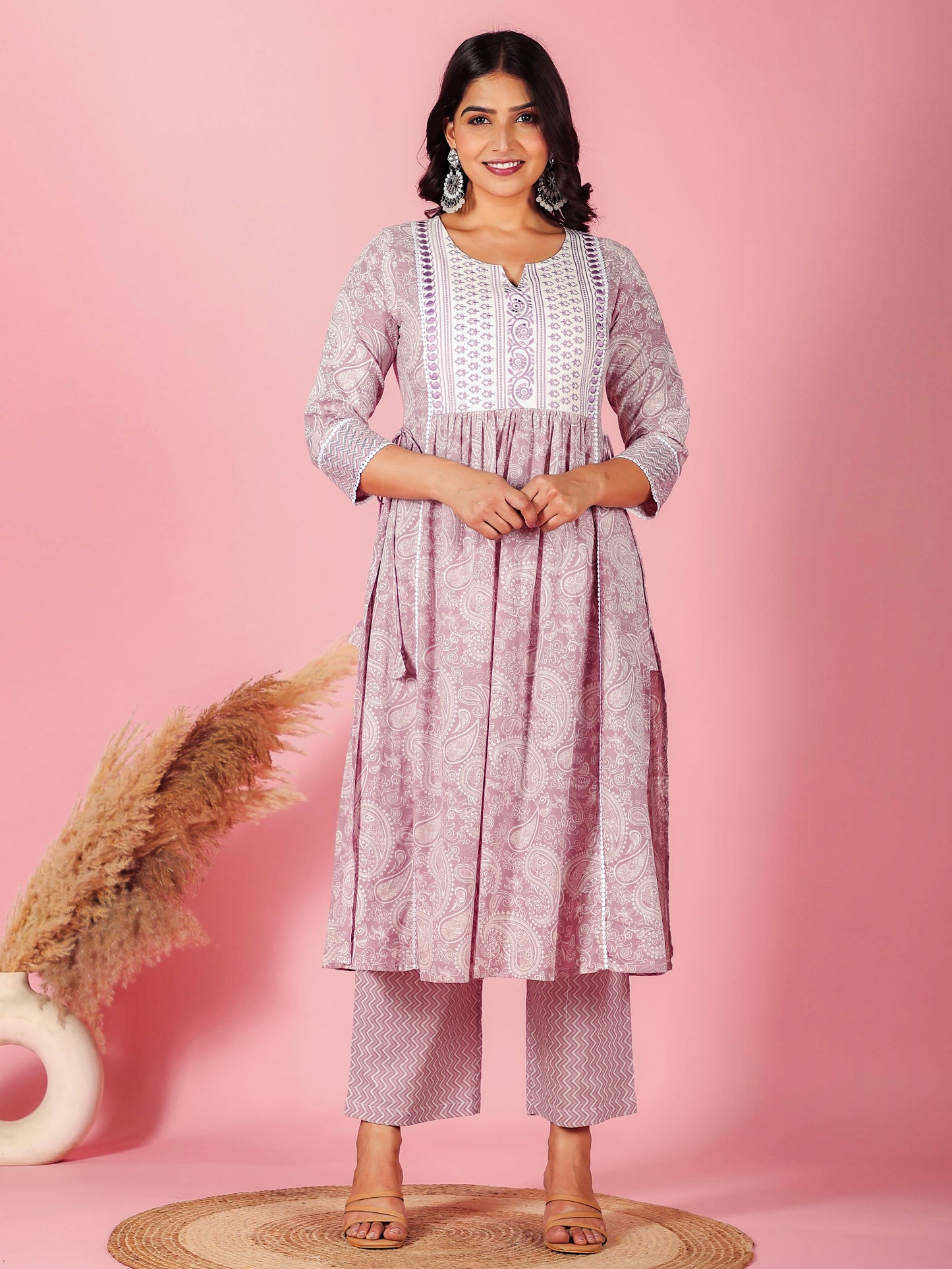 Embroidered Soft Cotton Paisley Flared Mauve Kurta