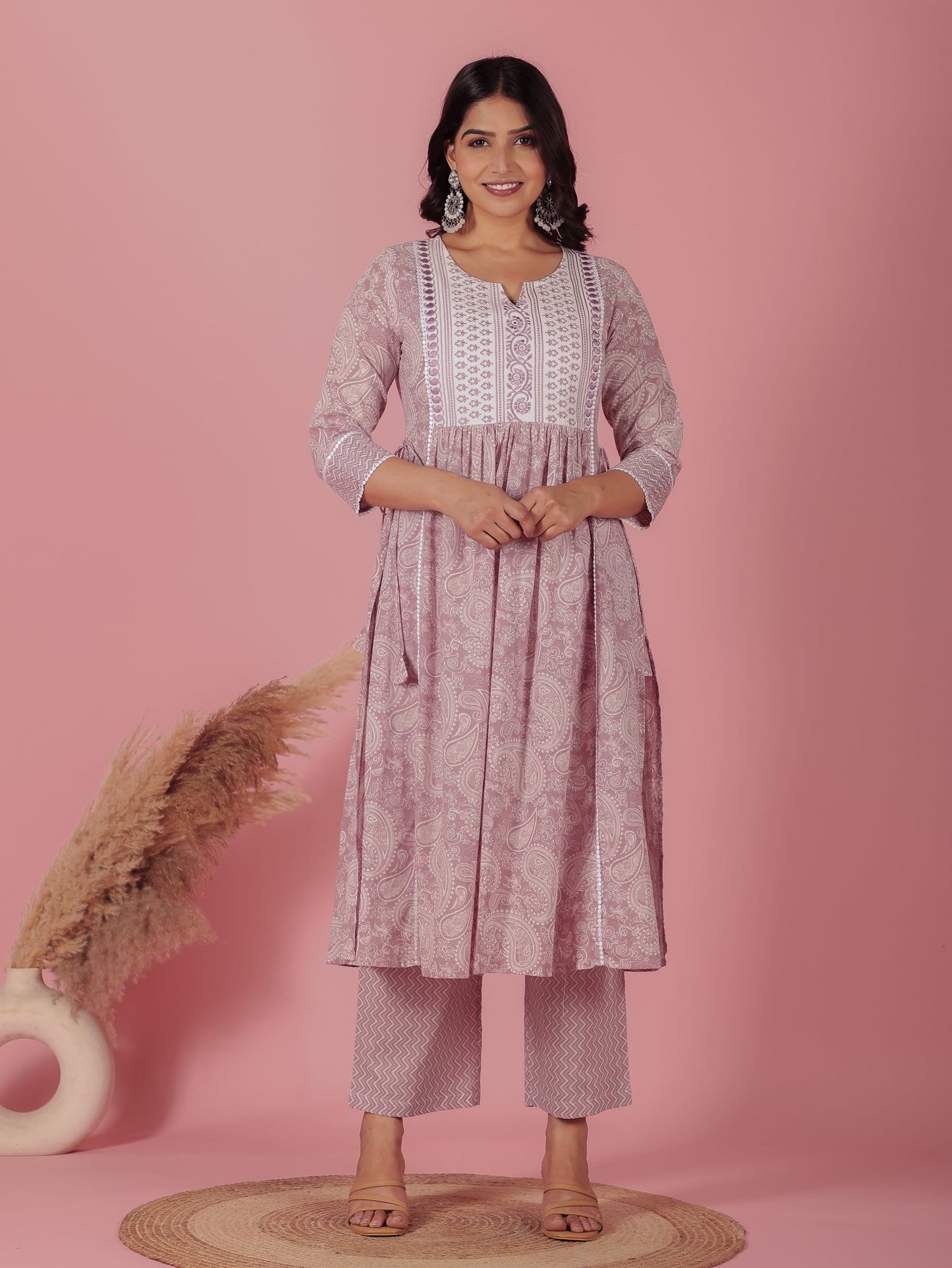 Embroidered Soft Cotton Paisley A-line Mauve Kurta