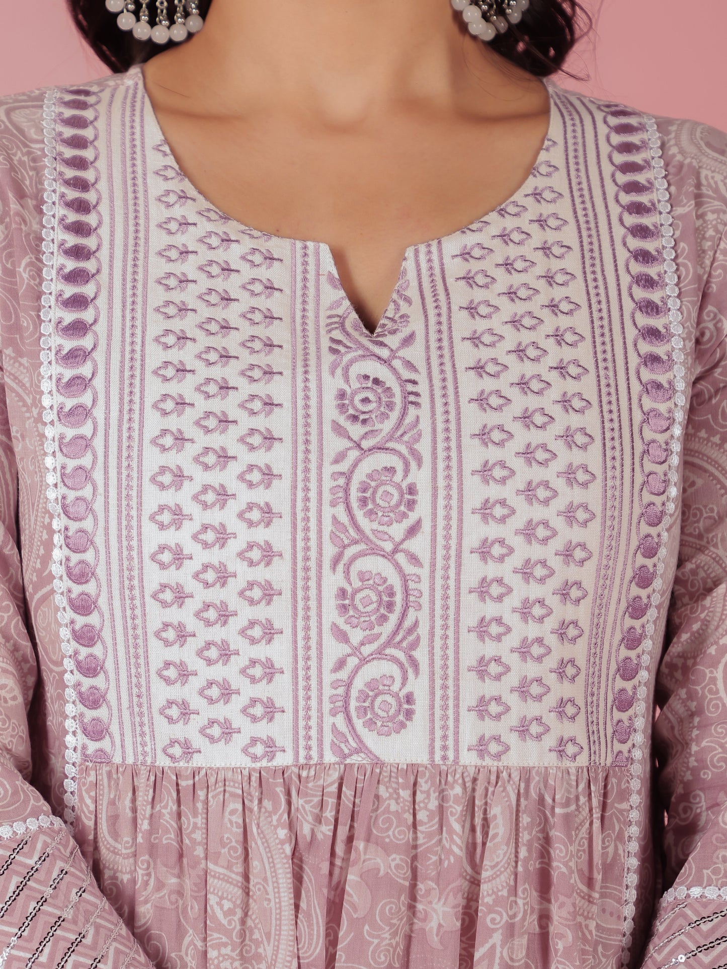 Embroidered Soft Cotton Paisley A-line Mauve Kurta