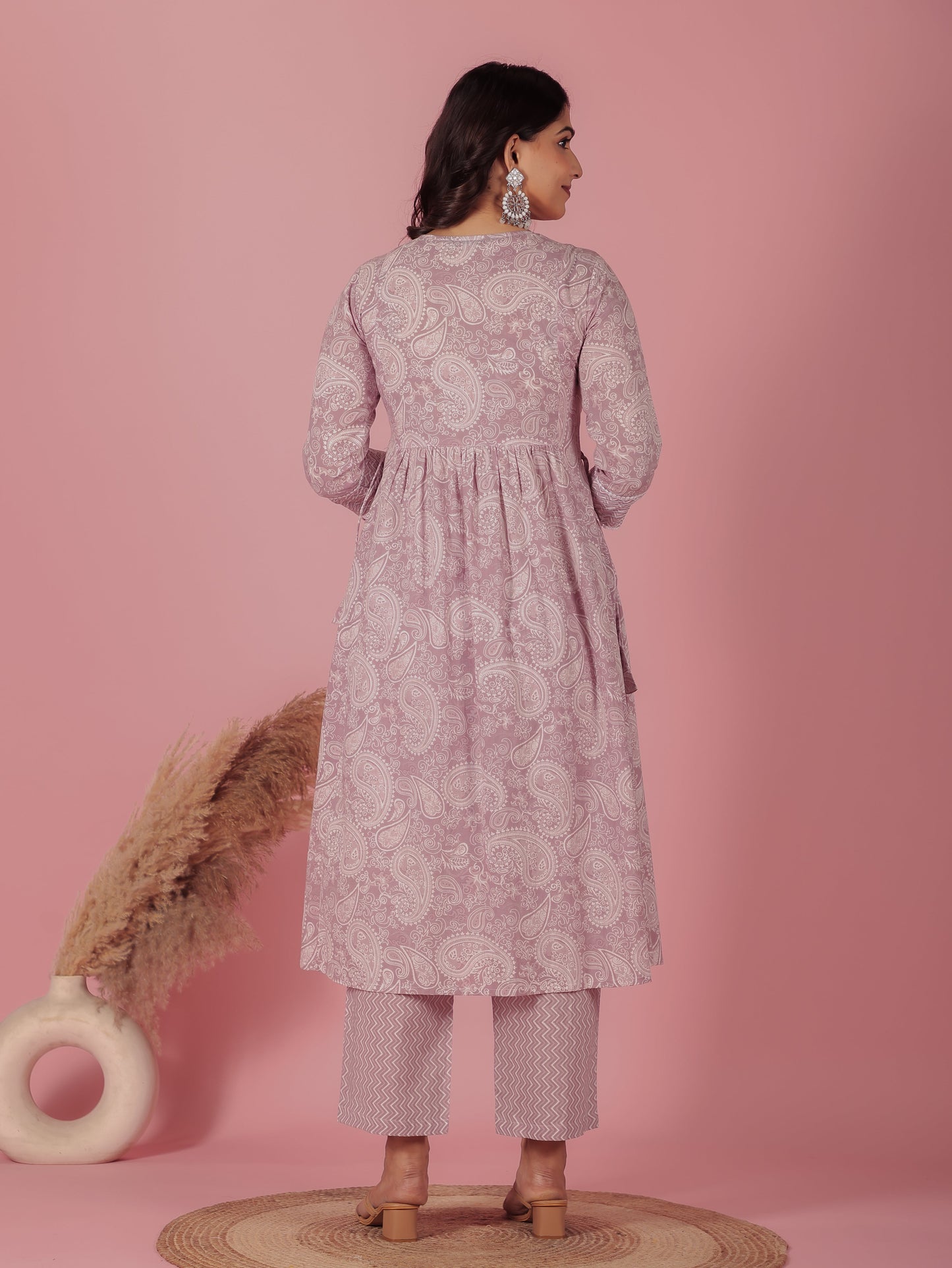 Embroidered Soft Cotton Paisley A-line Mauve Kurta