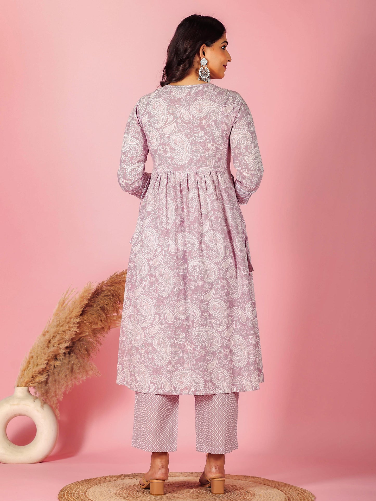 Embroidered Soft Cotton Paisley Flared Mauve Kurta