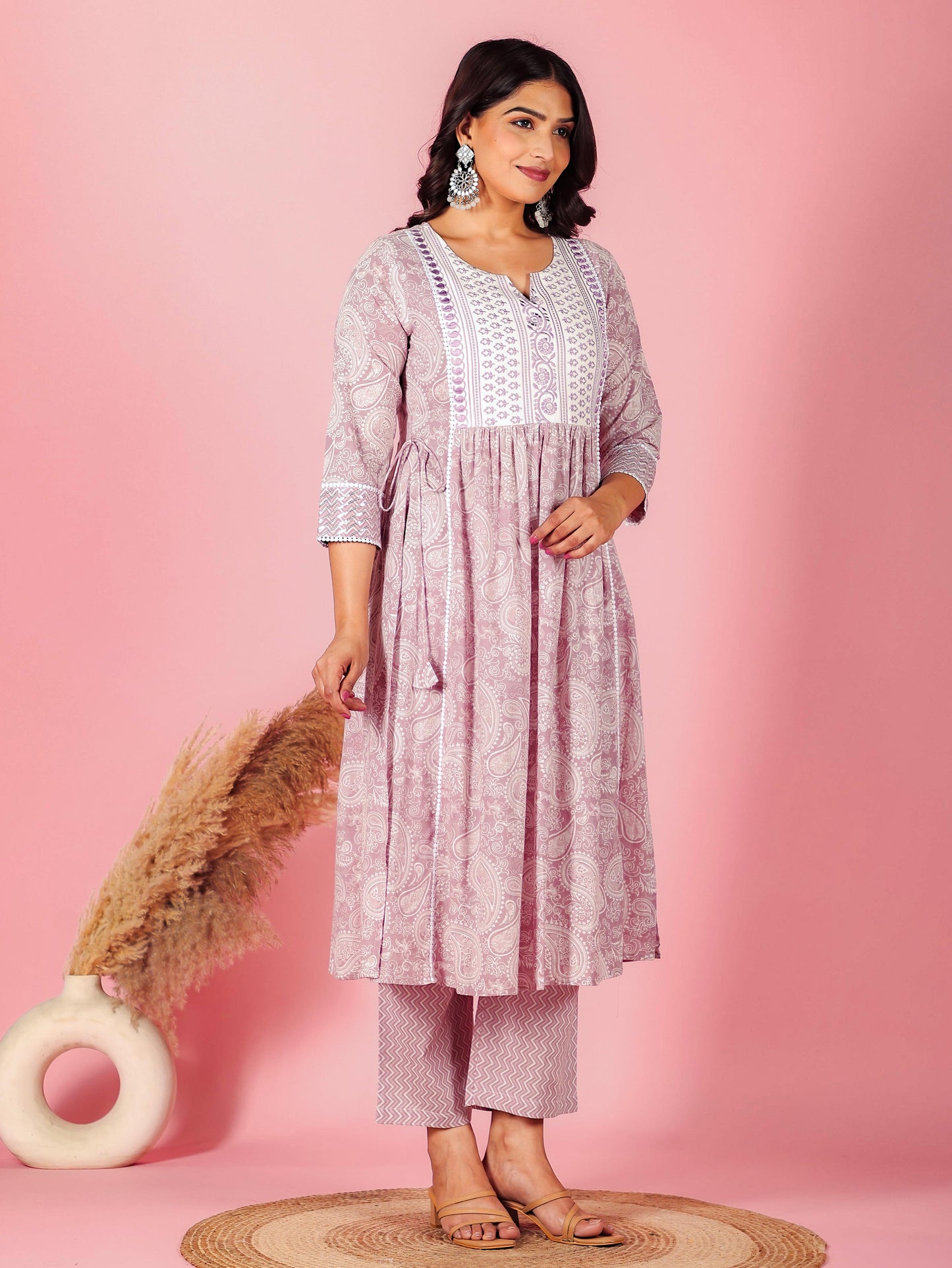 Embroidered Soft Cotton Paisley Flared Mauve Kurta