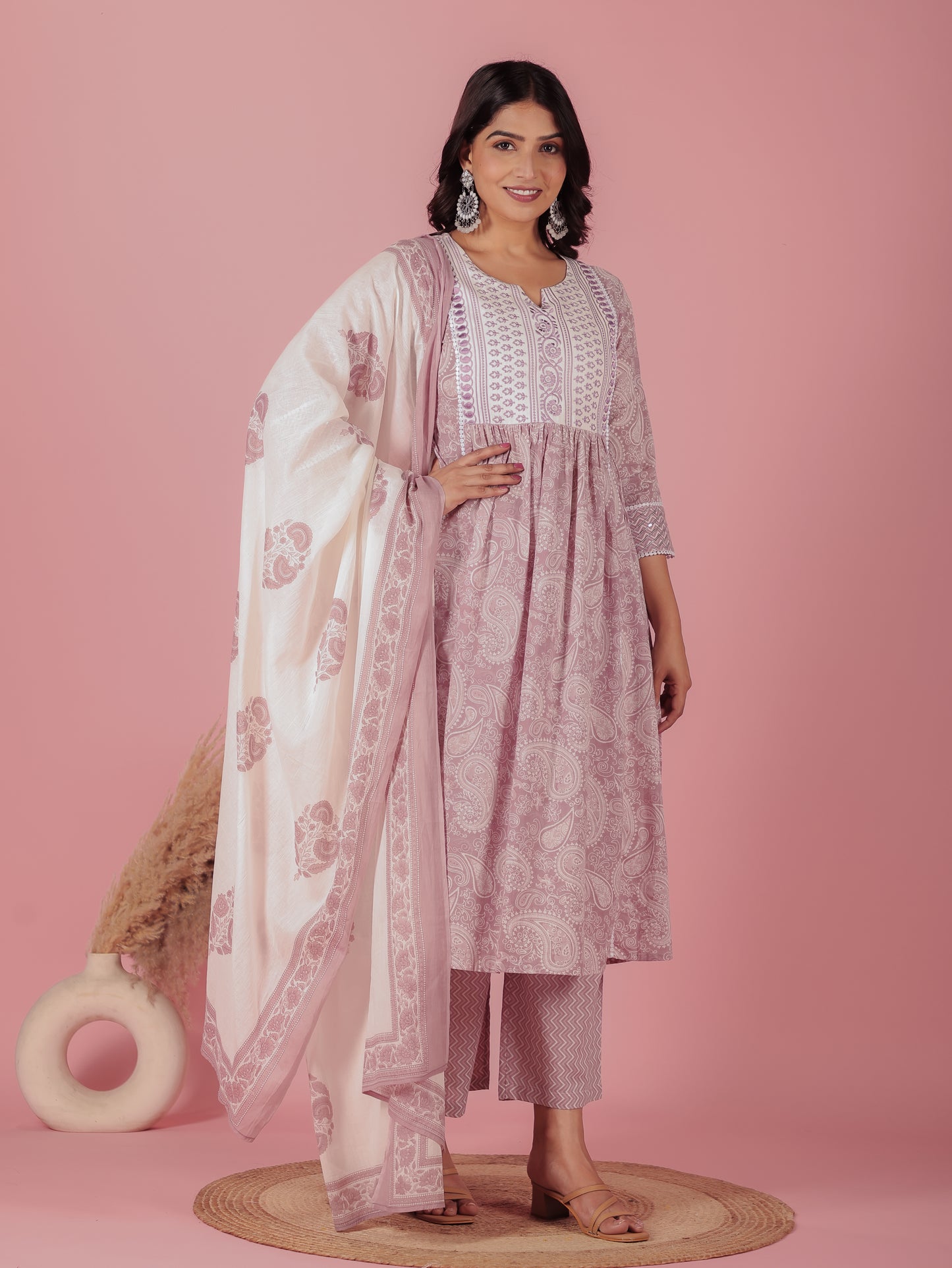 Embroidered Soft Cotton Paisley Flared Mauve Kurta