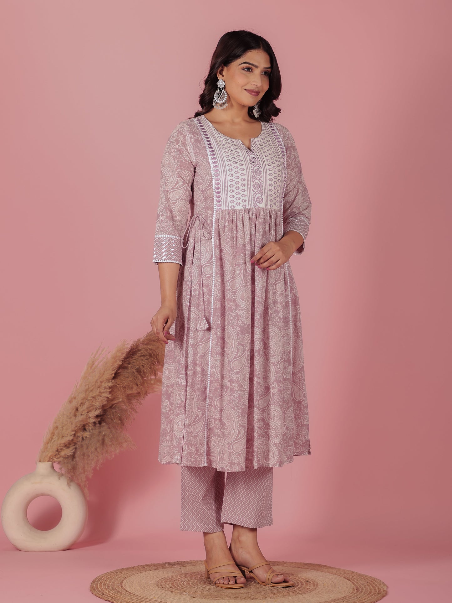 Embroidered Soft Cotton Paisley A-line Mauve Kurta