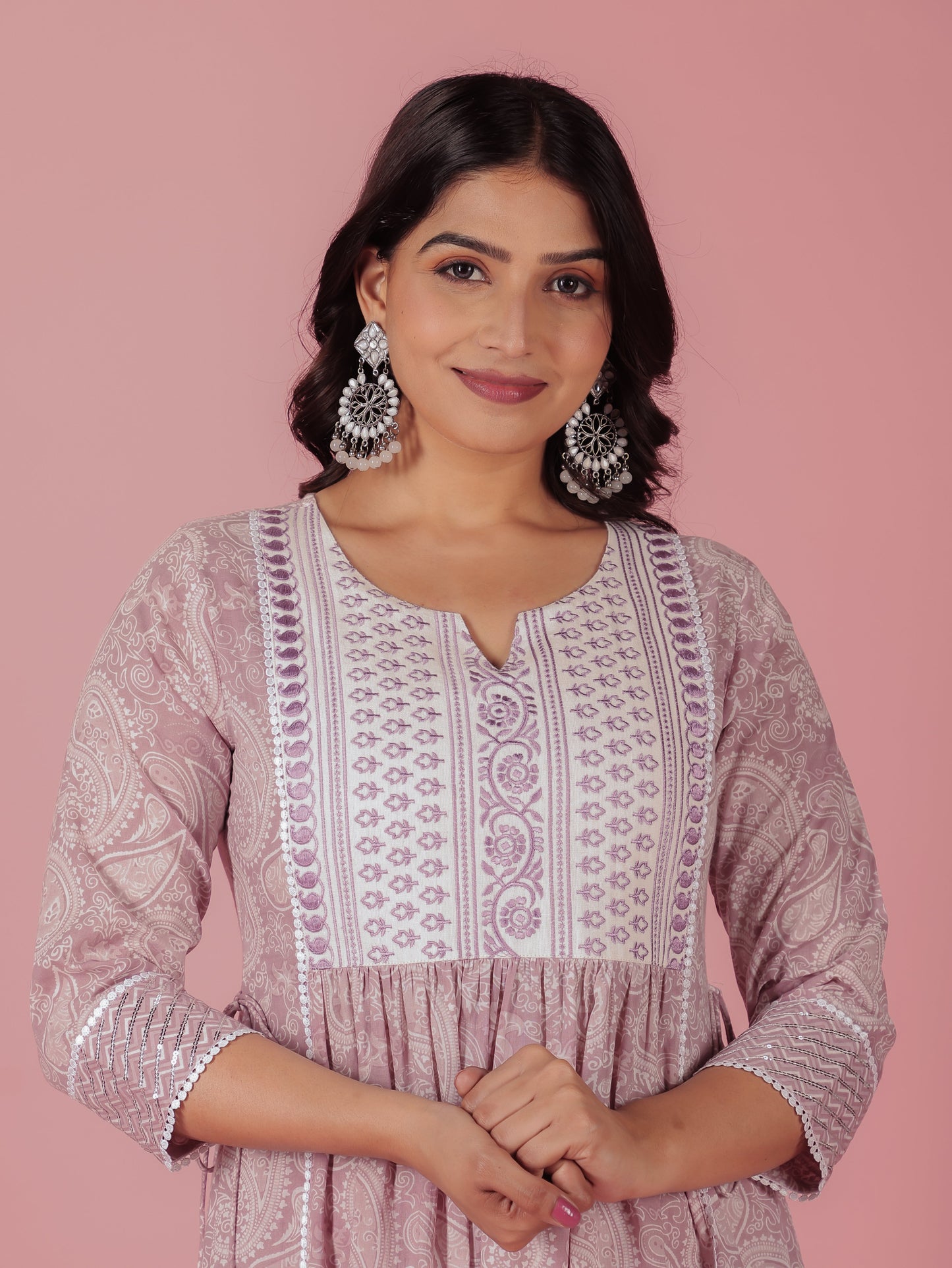 Embroidered Soft Cotton Paisley A-line Mauve Kurta