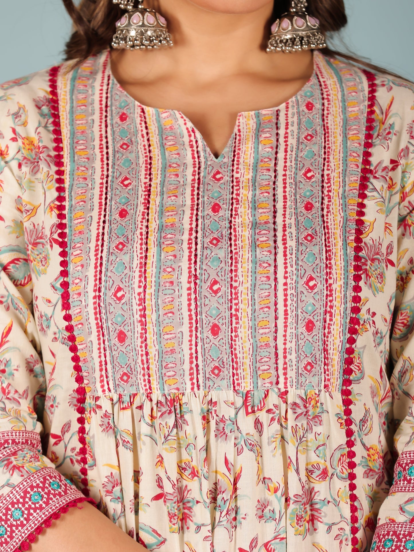 Embroidered Soft Cotton Floral Panelled Cream Kurta