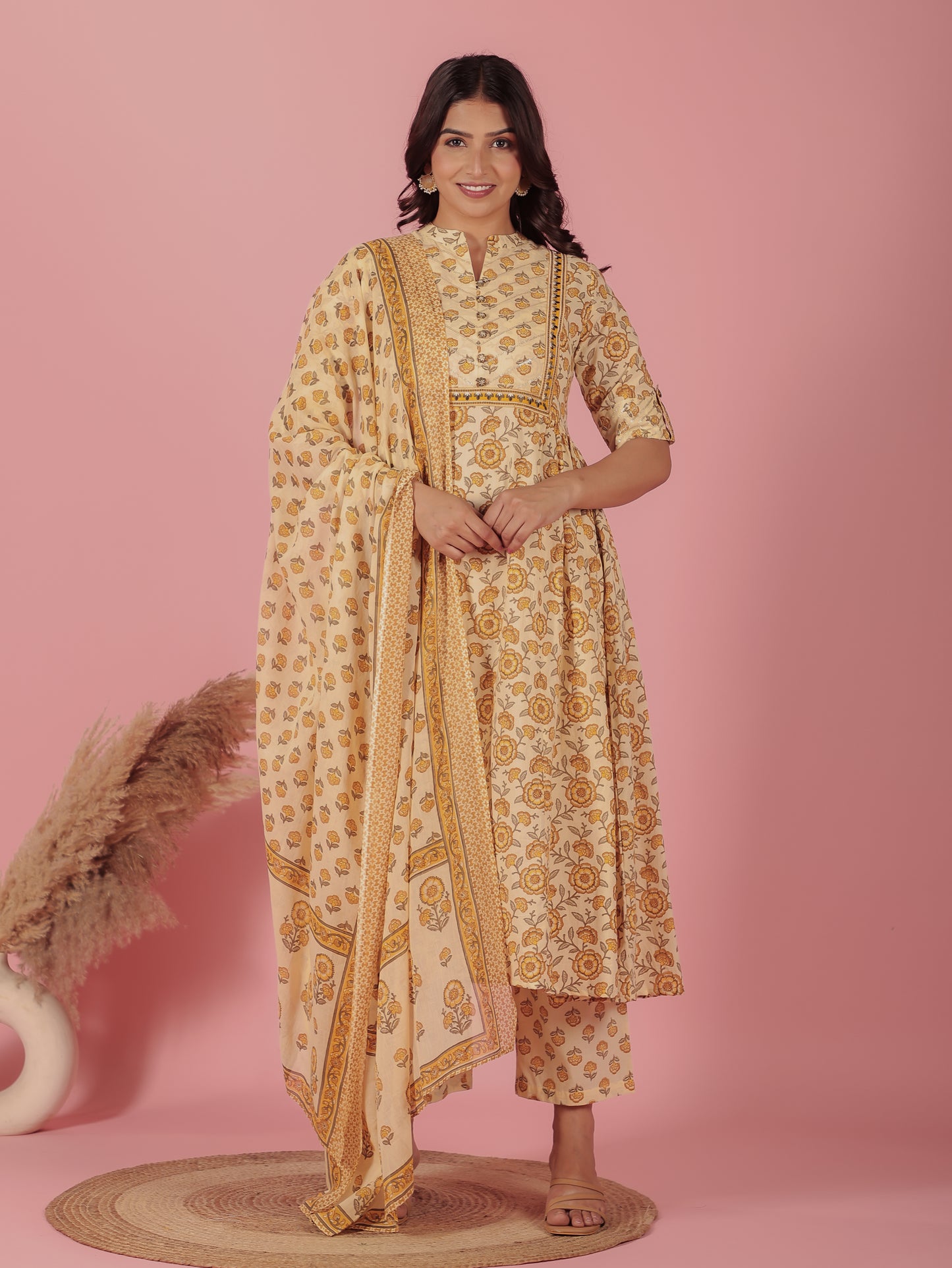 Voile Cotton Block Cream Dupatta