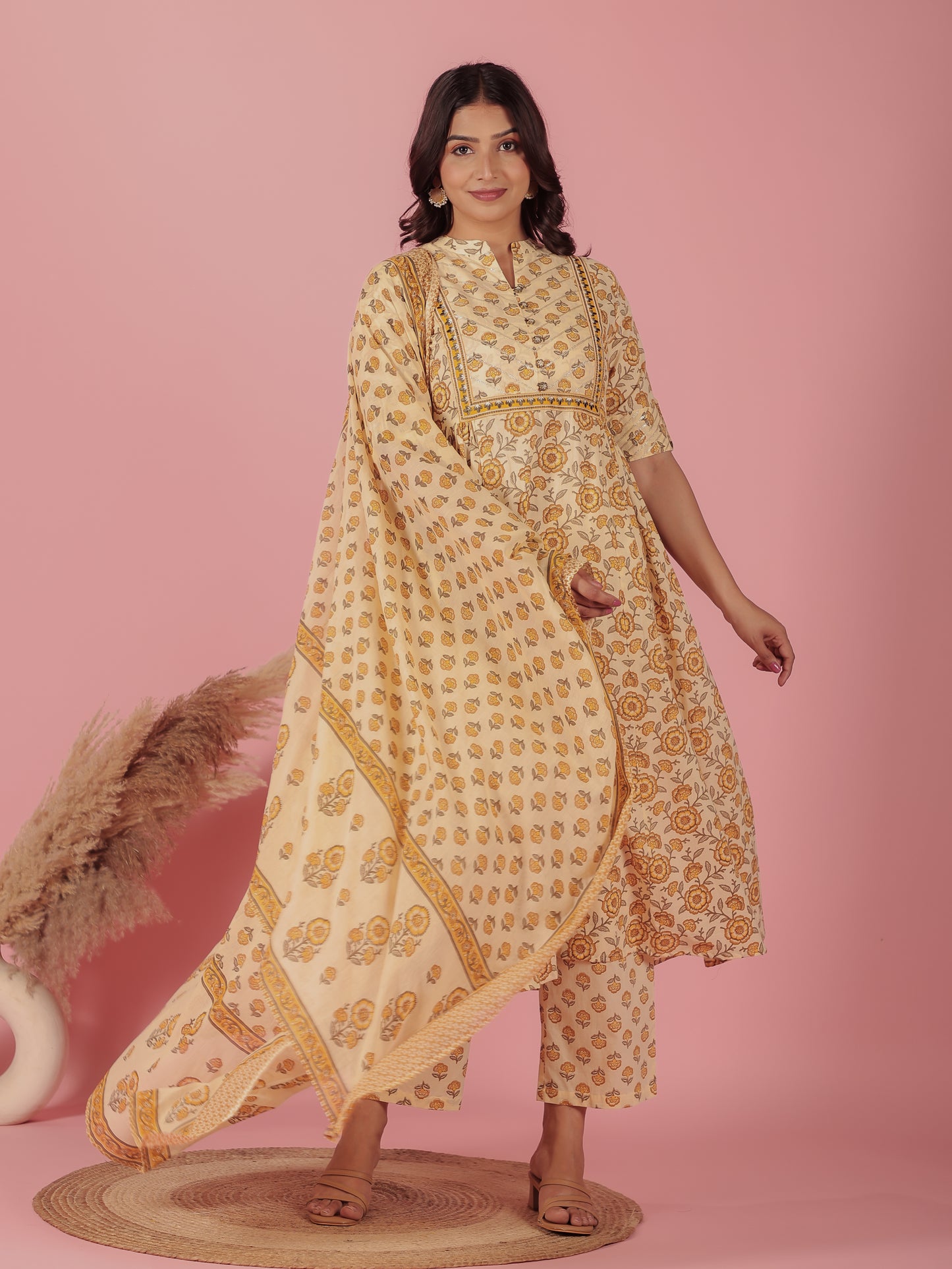 Voile Cotton Block Cream Dupatta