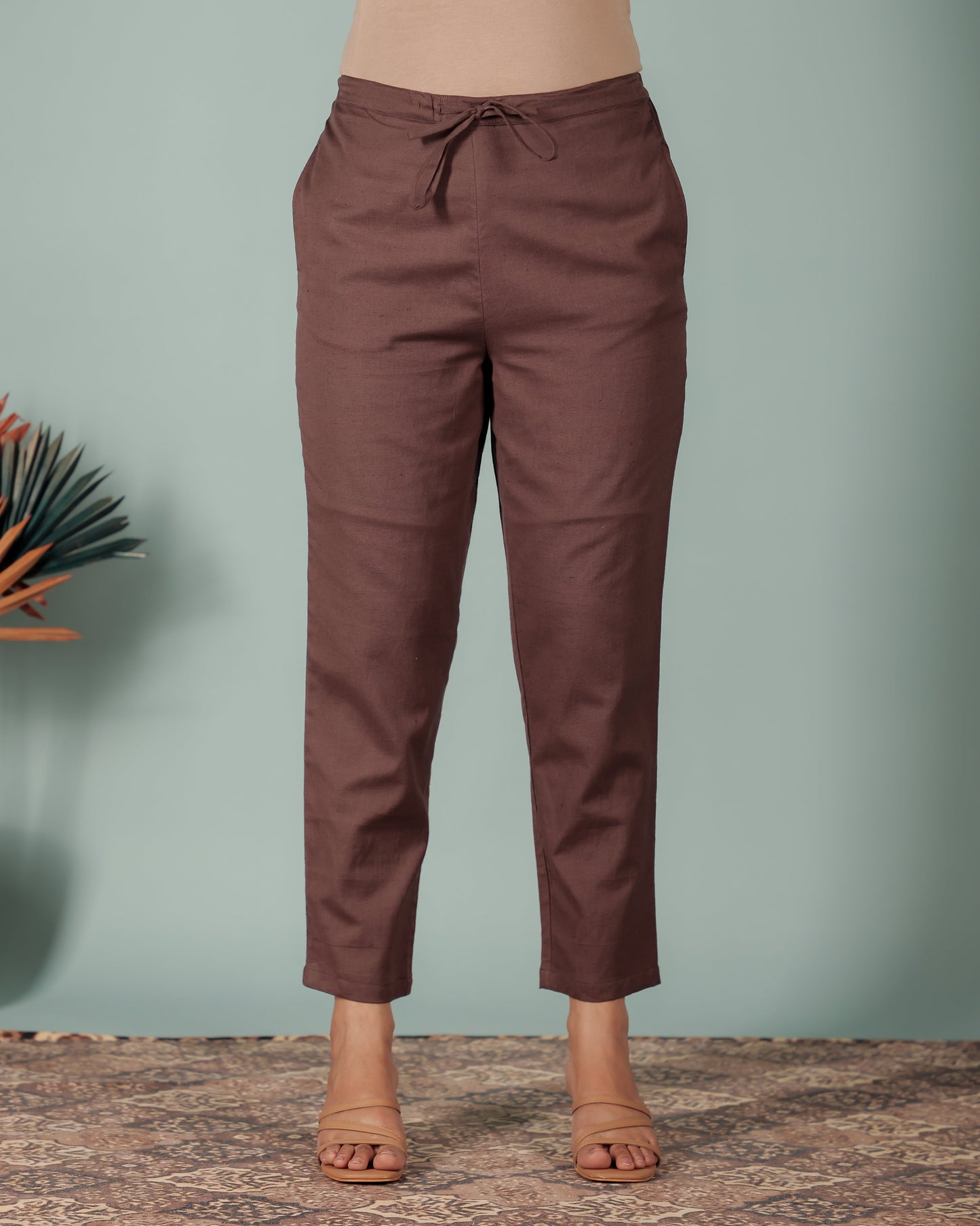Linen Cotton Solid Brown Tapered Trousers