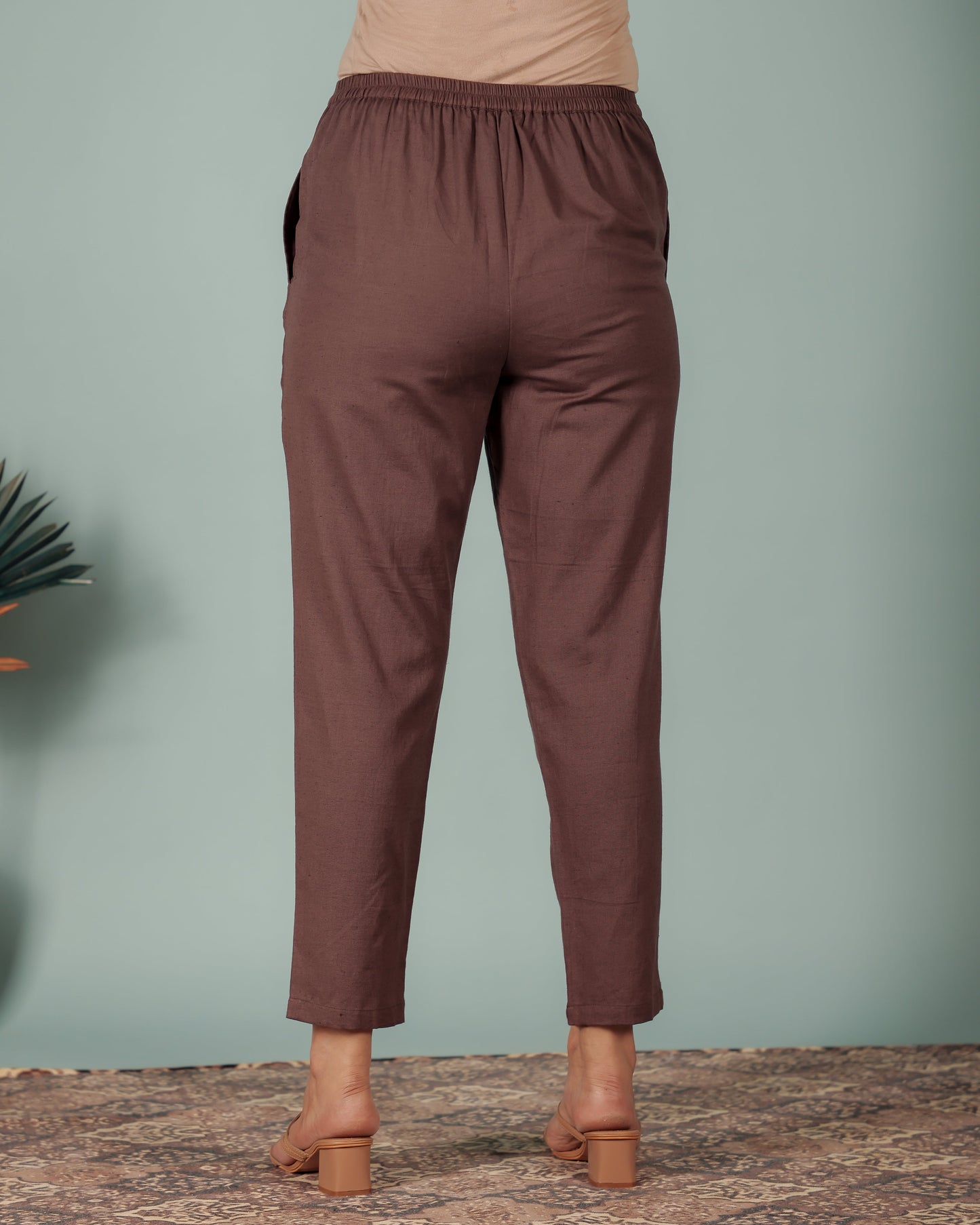 Linen Cotton Solid Brown Tapered Trousers
