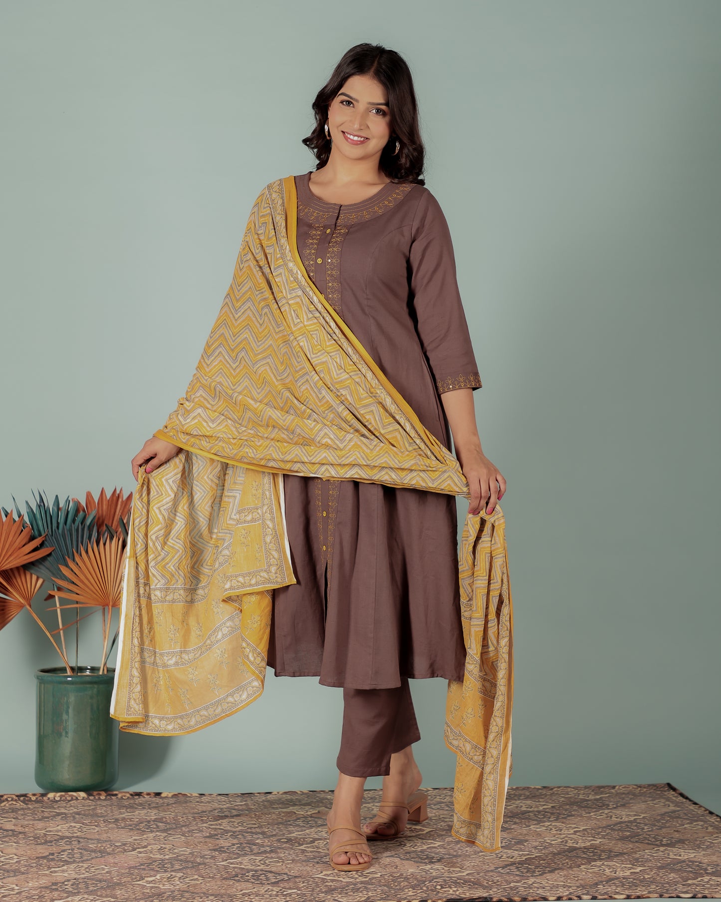 Linen Cotton Solid A-line Brown Kurta