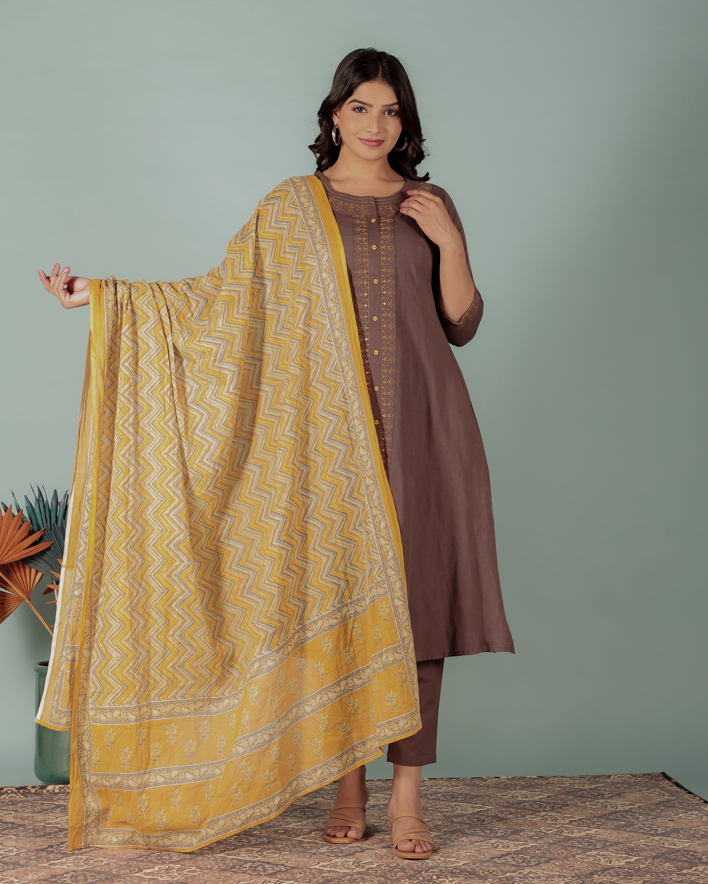 Linen Cotton Solid A-line Brown Kurta