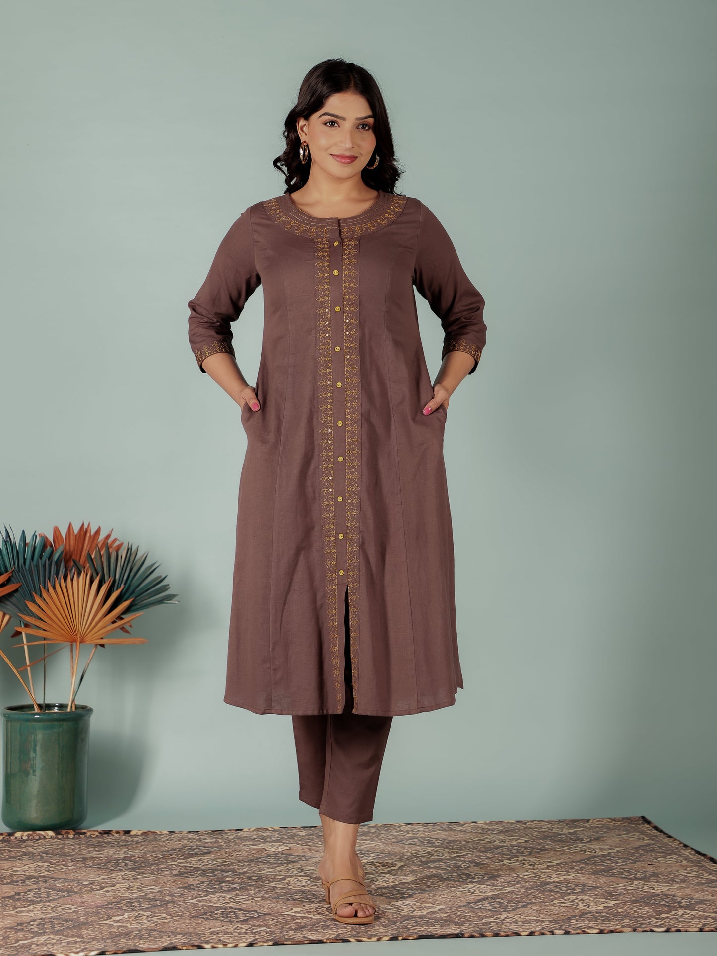 Linen Cotton Solid A-line Brown Kurta